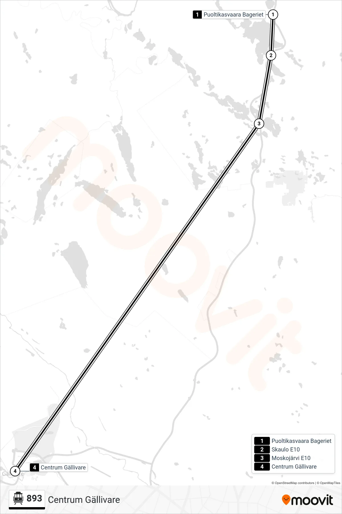 Rutt och hållplatser på karta för linje 893  spårvagn, (Centrum Gällivare)