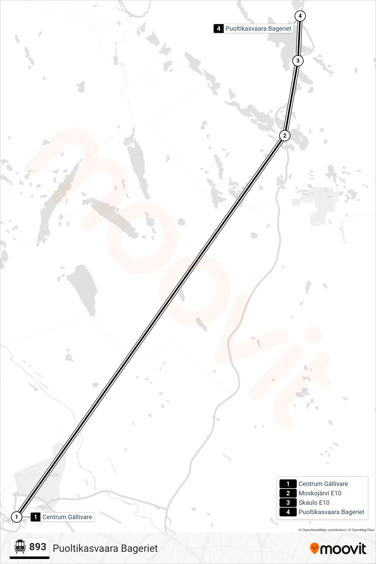 Rutt och hållplatser på karta för linje 893 spårvagn, (Puoltikasvaara Bageriet)