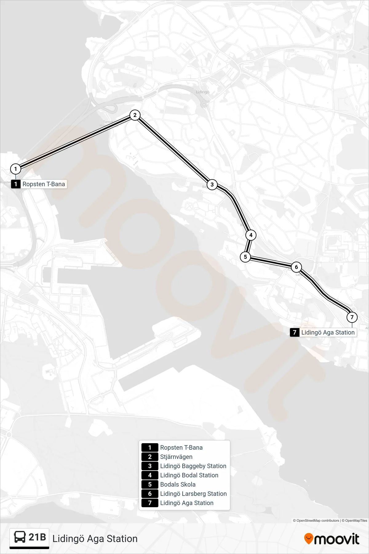 Rutt och hållplatser på karta för linje 21B  buss, (Lidingö Aga Station)