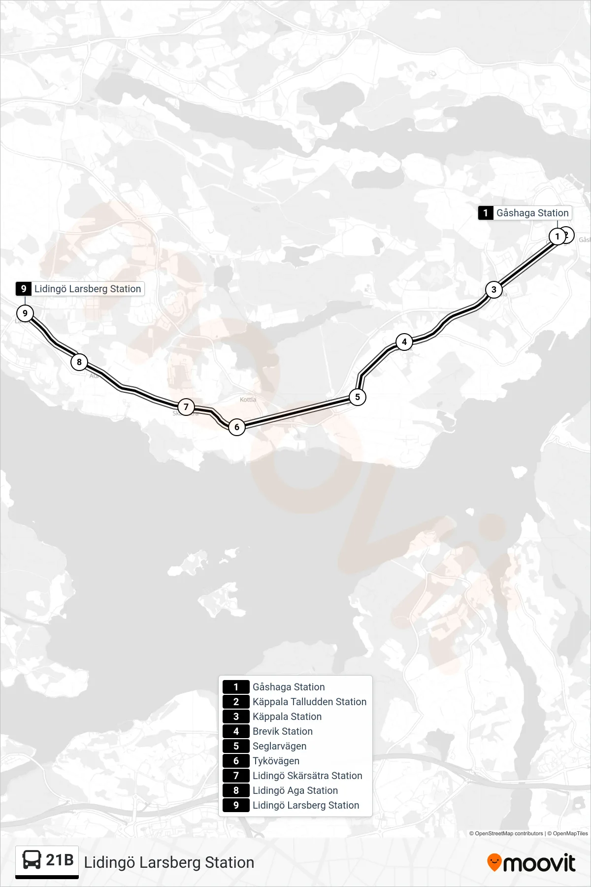 Rutt och hållplatser på karta för linje 21B  buss, (Lidingö Larsberg Station)