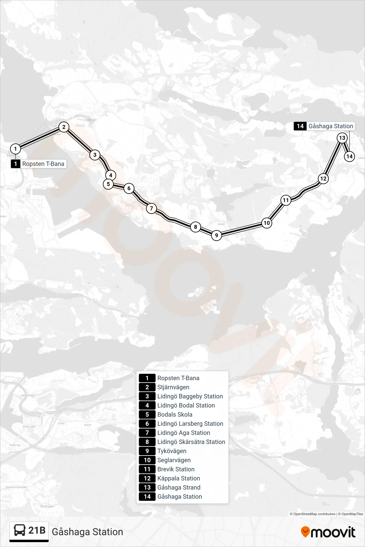 Rutt och hållplatser på karta för linje 21B  buss, (Gåshaga Station)