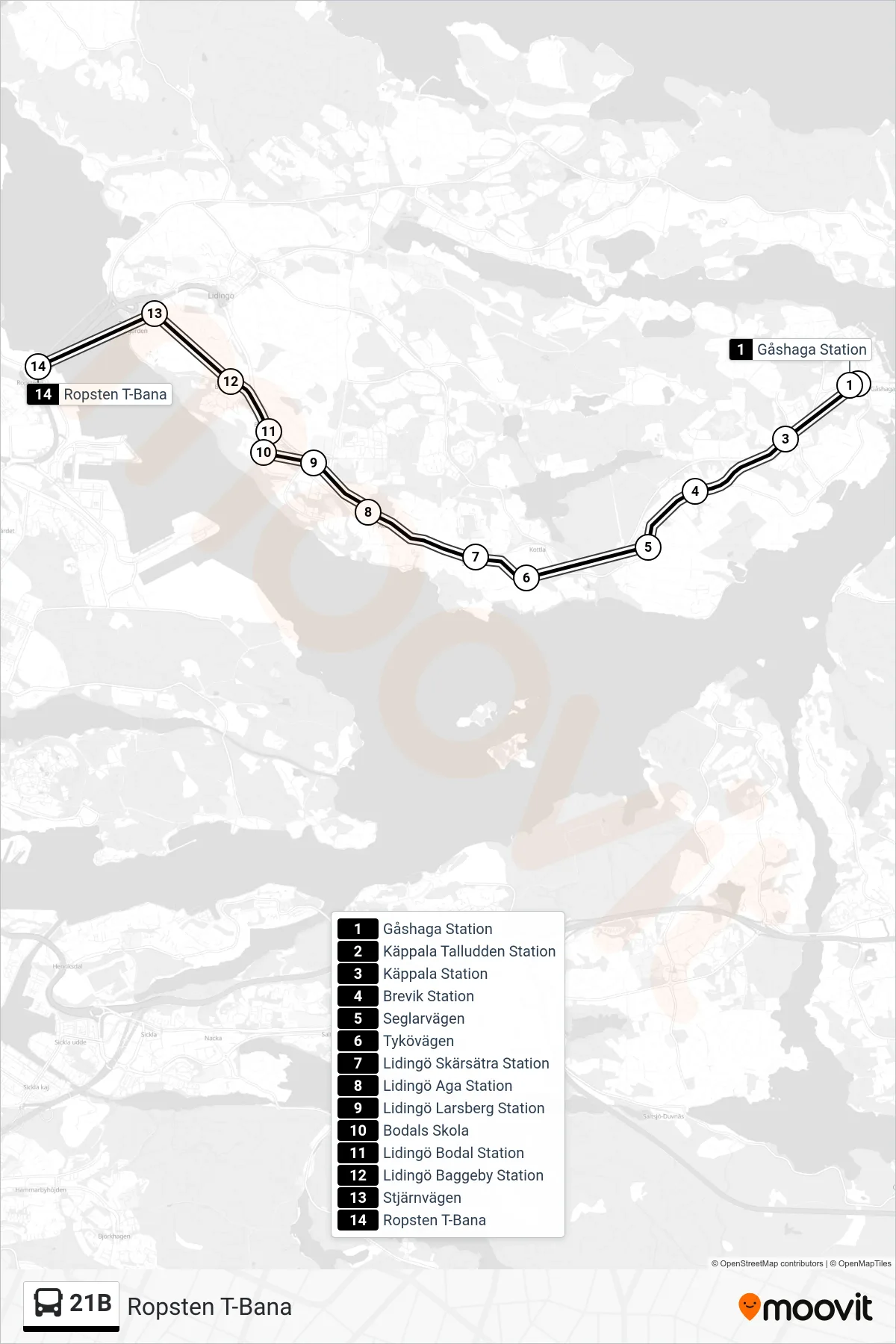 Rutt och hållplatser på karta för linje 21B buss, (Ropsten T-Bana)