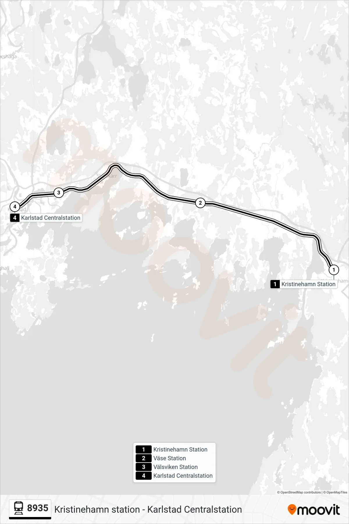 Rutt och hållplatser på karta för linje 8935 spårvagn, (Karlstad Centralstation)