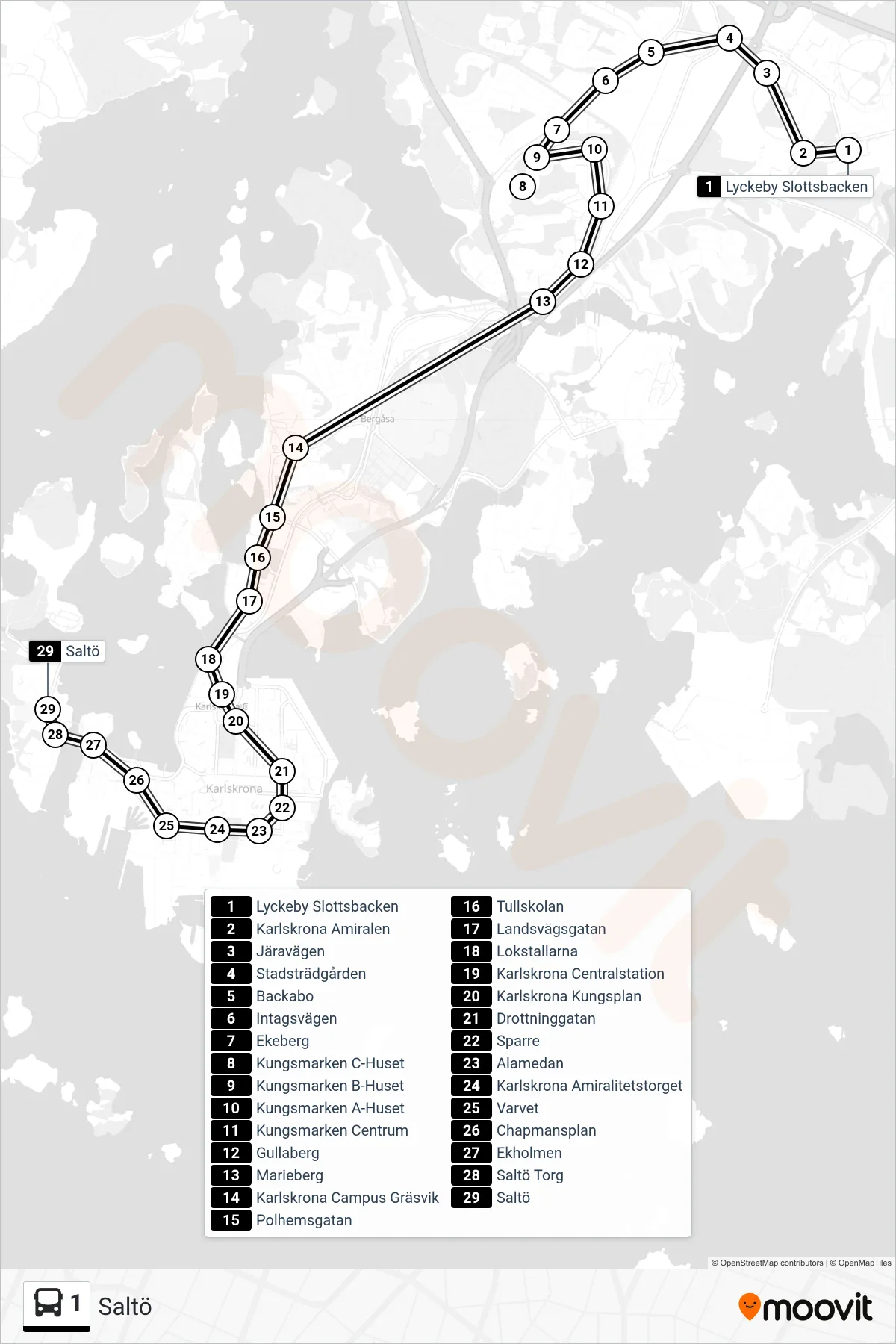 Rutt och hållplatser på karta för linje 1  buss, (Saltö)