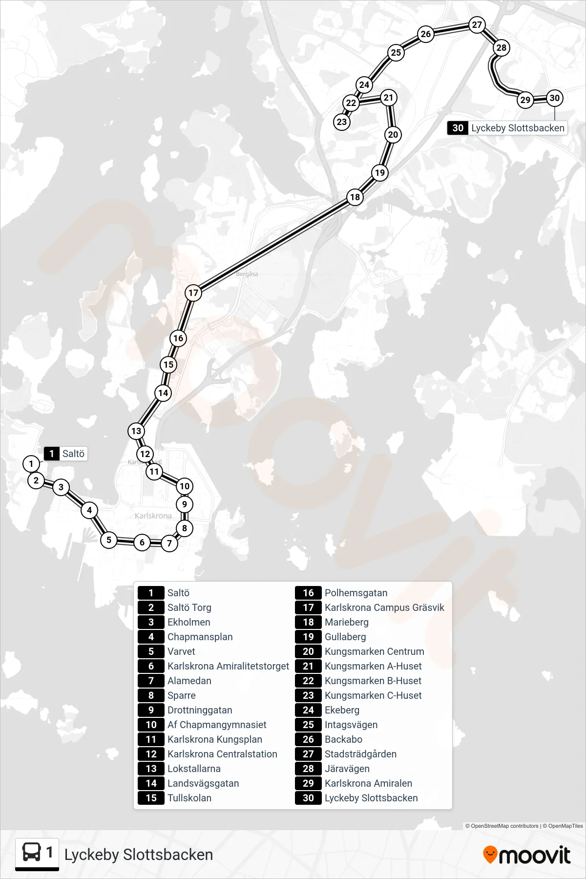 Rutt och hållplatser på karta för linje 1 buss, (Lyckeby Slottsbacken)
