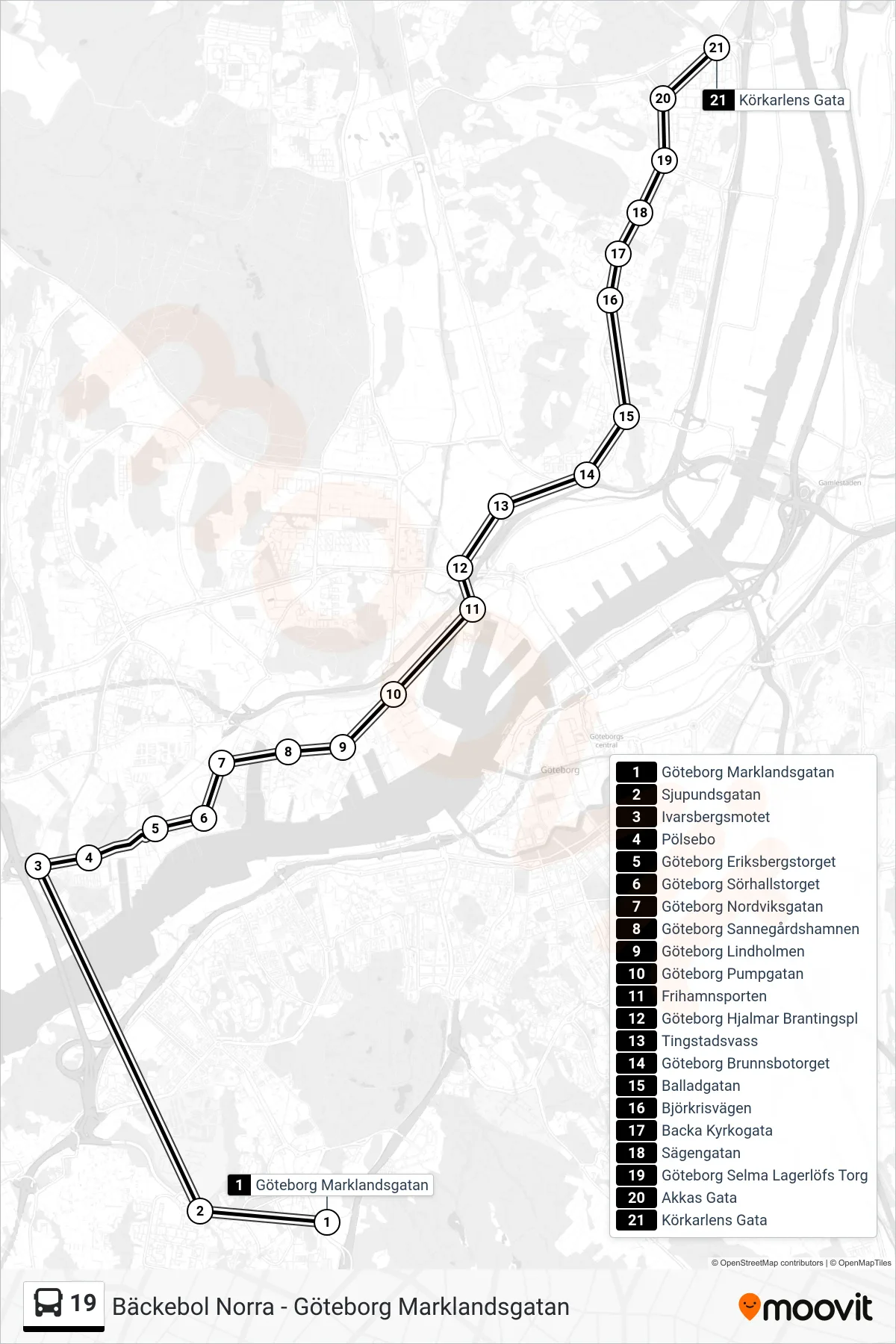 Rutt och hållplatser på karta för linje 19  spårvagn, (Körkarlens Gata)