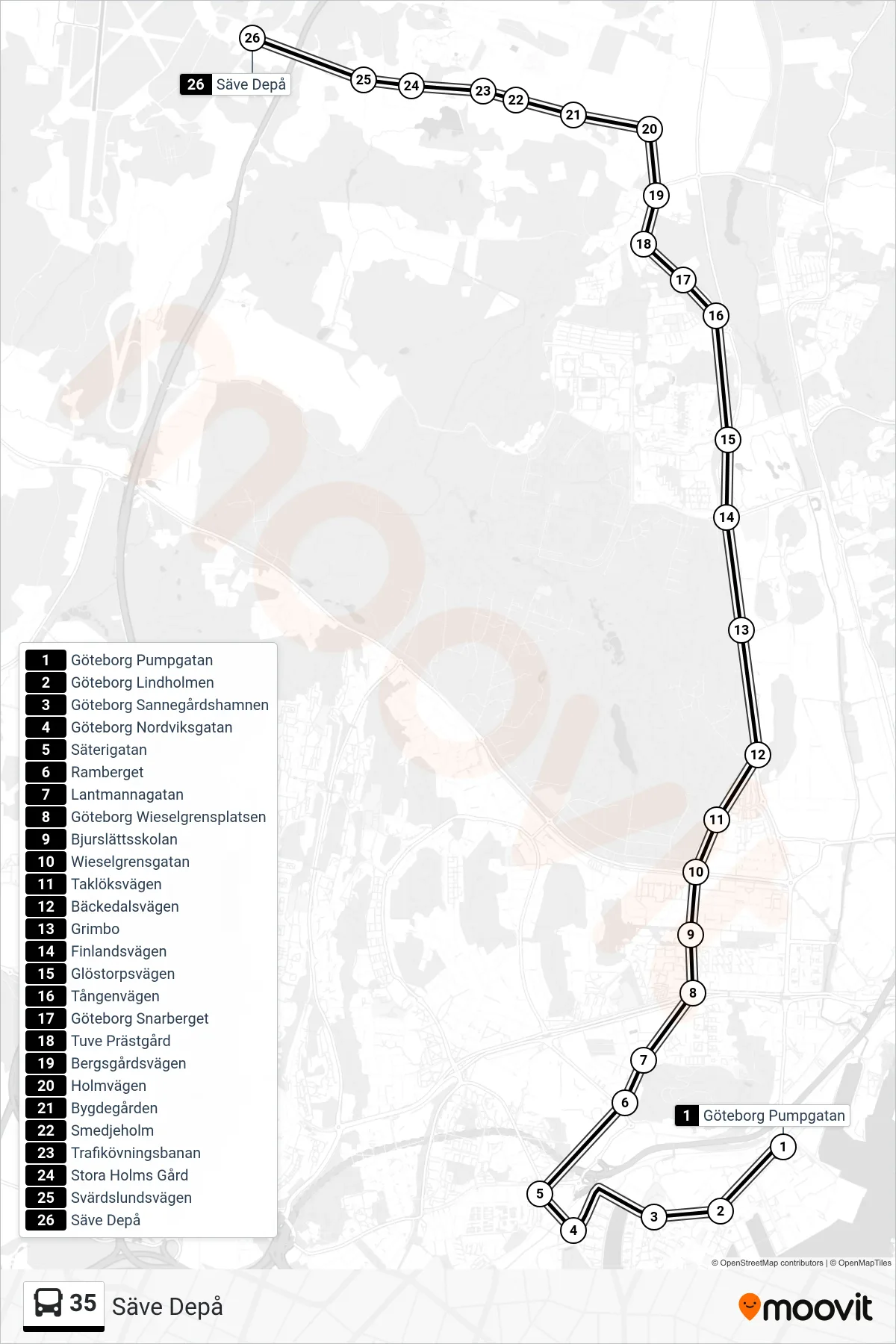 Rutt och hållplatser på karta för linje 35  spårvagn, (Säve Depå)