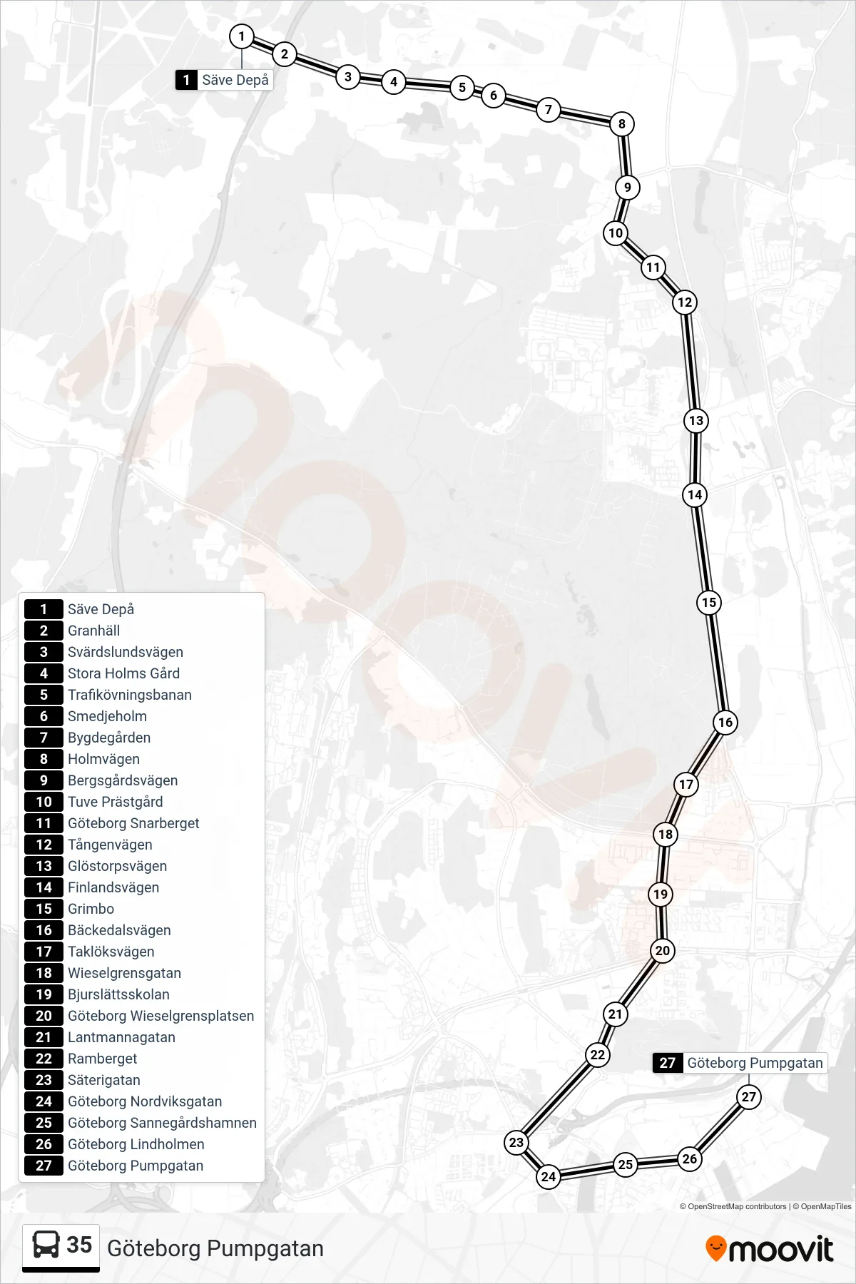 Rutt och hållplatser på karta för linje 35  spårvagn, (Göteborg Pumpgatan)