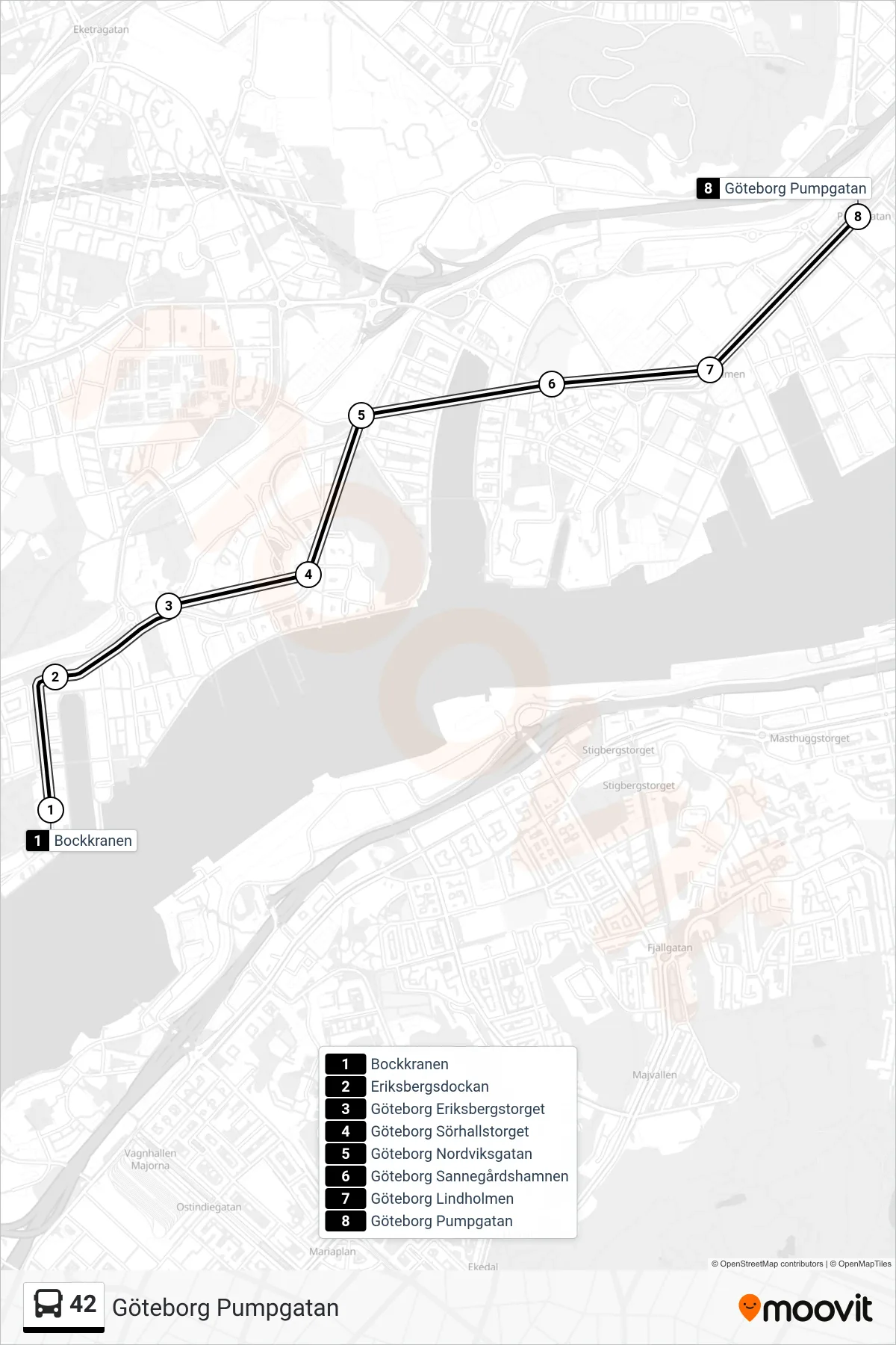 Rutt och hållplatser på karta för linje 42 spårvagn, (Göteborg Pumpgatan)