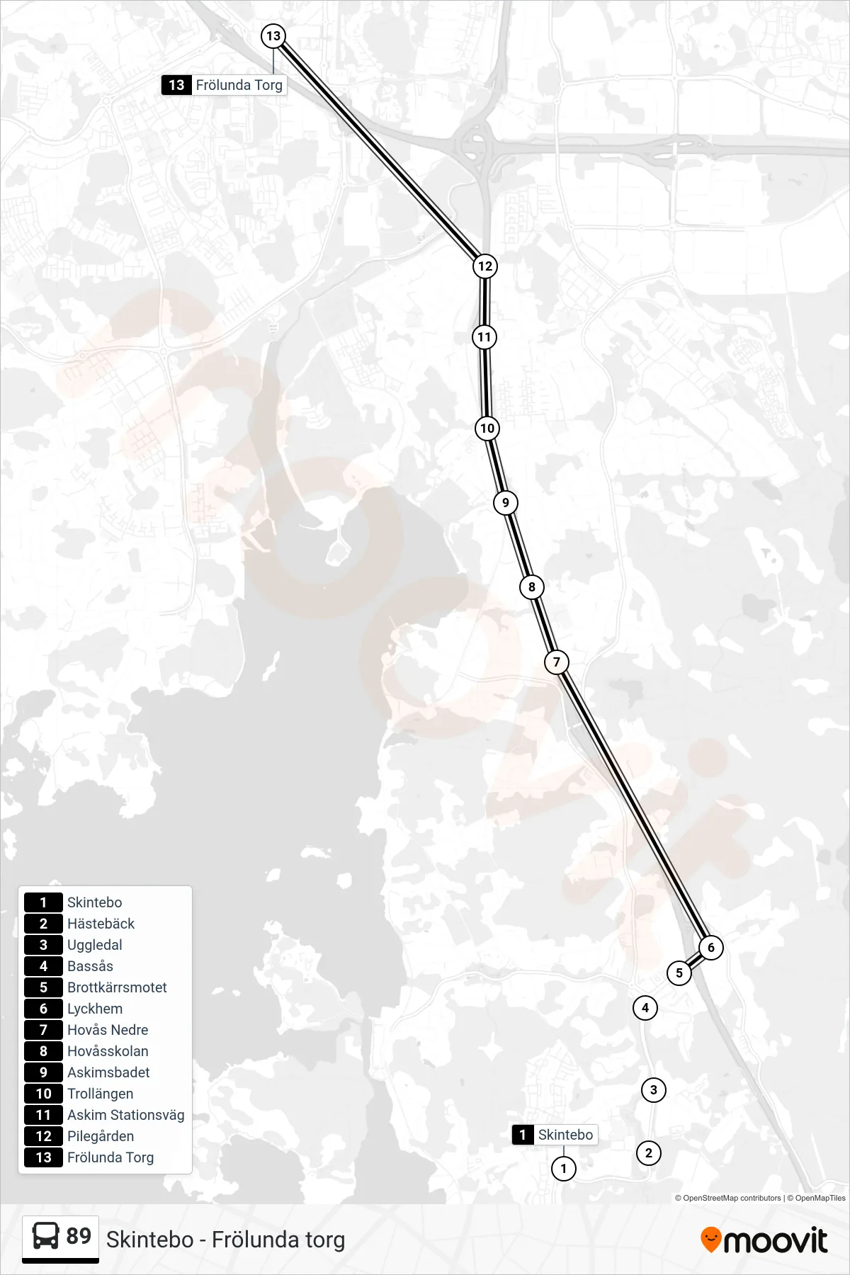 Rutt och hållplatser på karta för linje 89  spårvagn, (Frölunda Torg)
