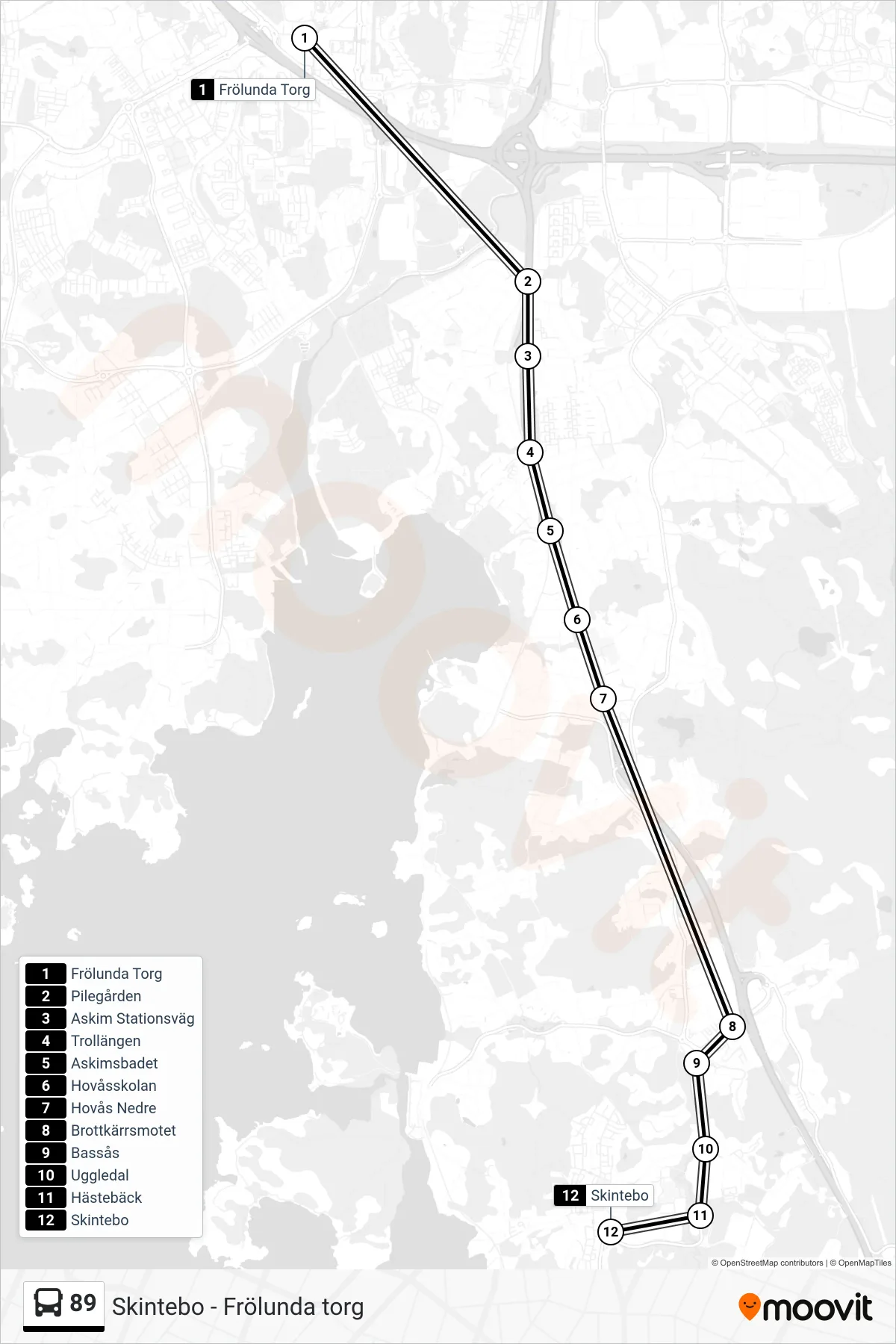 Rutt och hållplatser på karta för linje 89 spårvagn, (Skintebo)