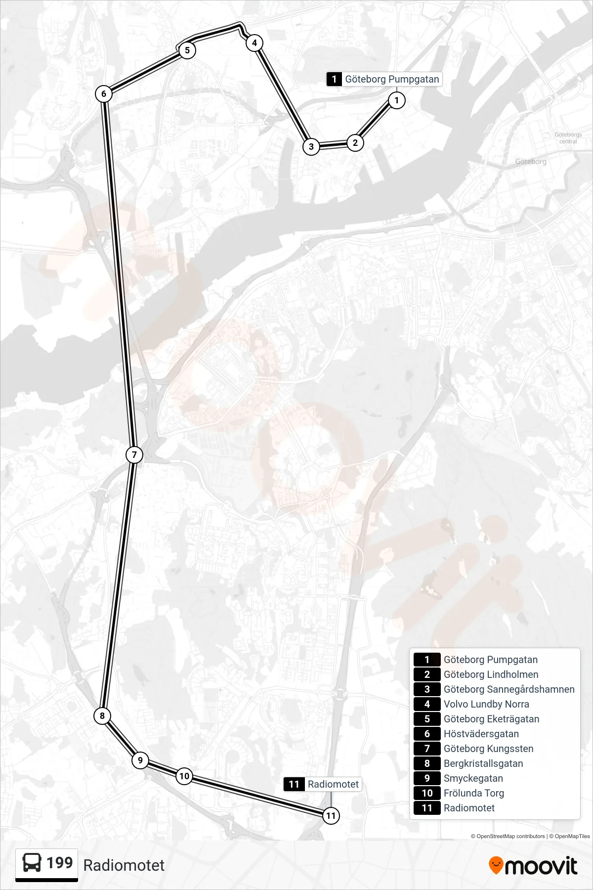 Rutt och hållplatser på karta för linje 199 spårvagn, (Radiomotet)