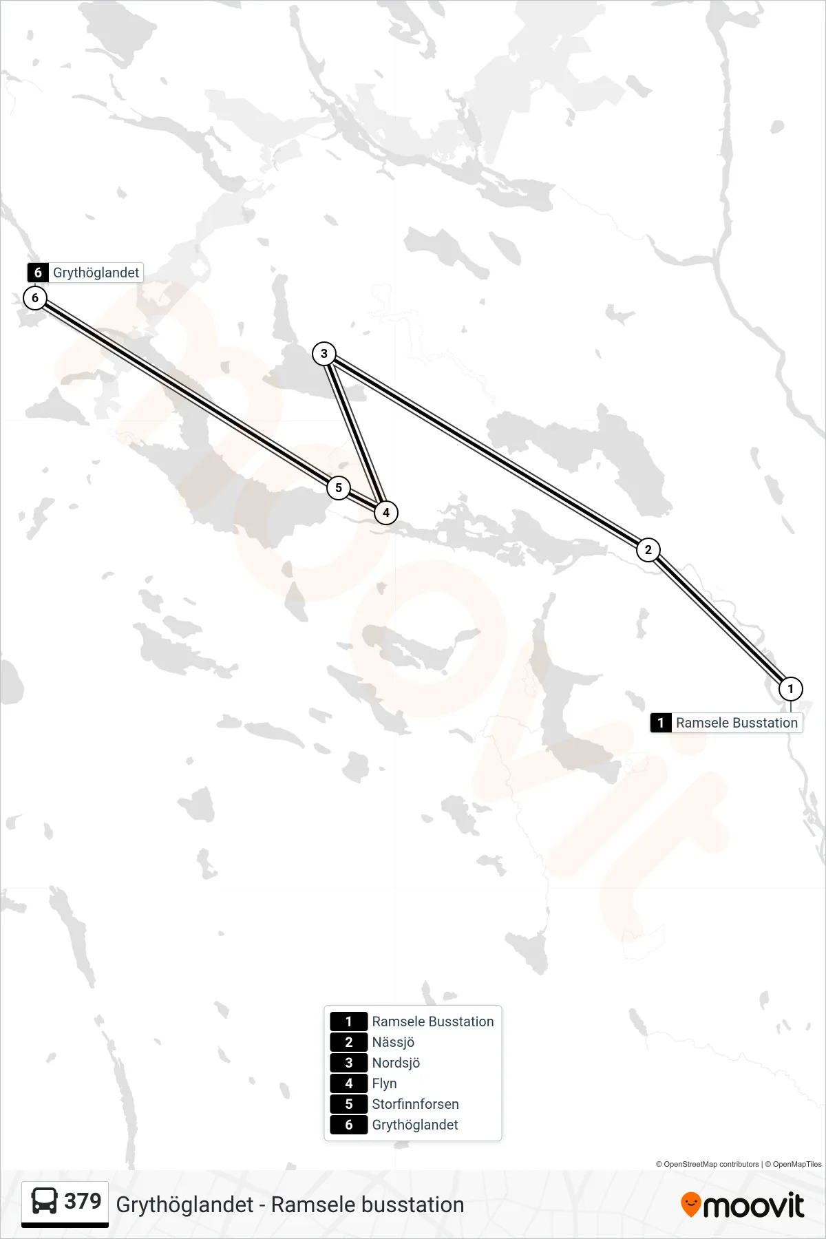 Rutt och hållplatser på karta för linje 379  spårvagn, (Grythöglandet)