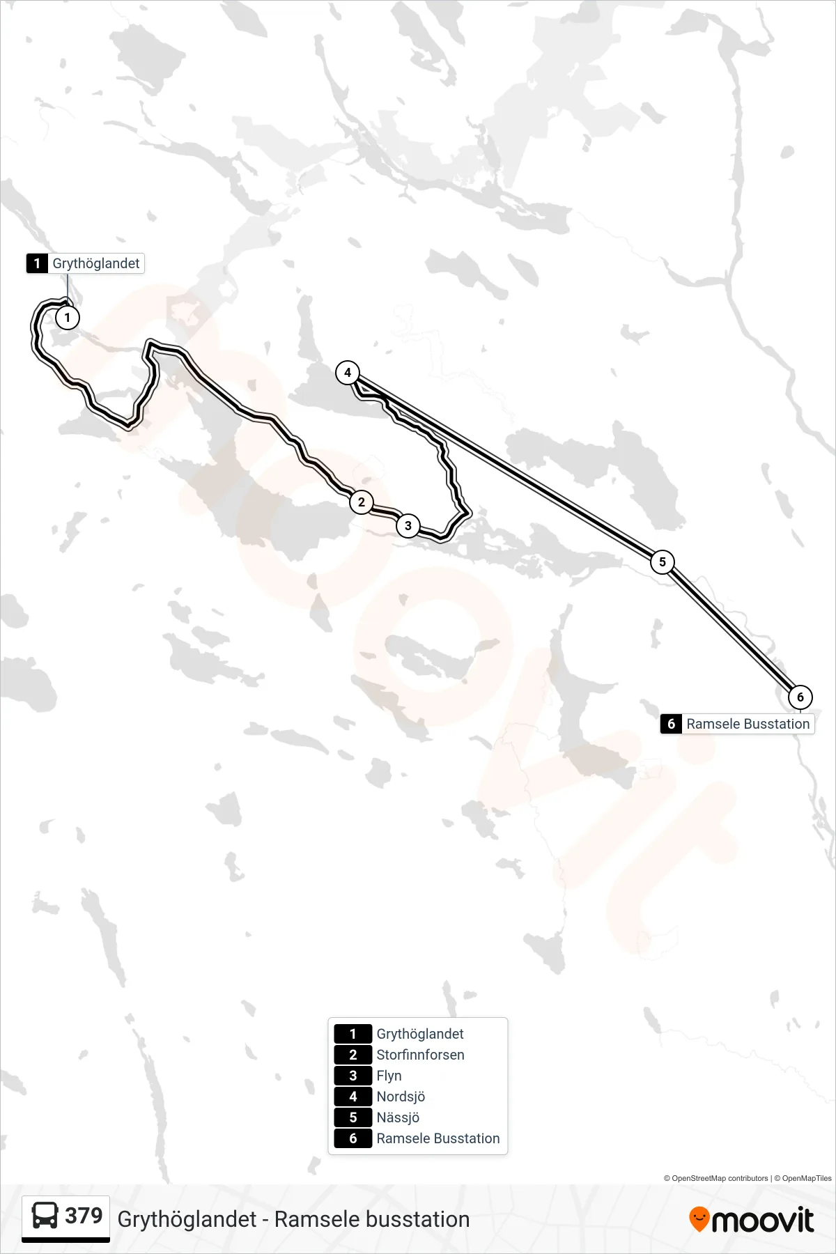 Rutt och hållplatser på karta för linje 379  spårvagn, (Ramsele Busstation)