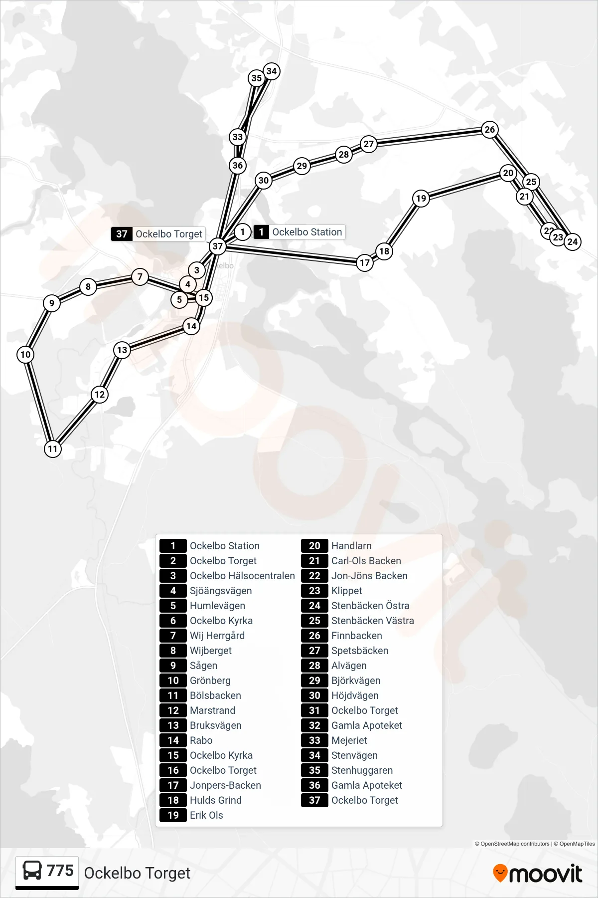 Rutt och hållplatser på karta för linje 775  buss, (Ockelbo Torget)