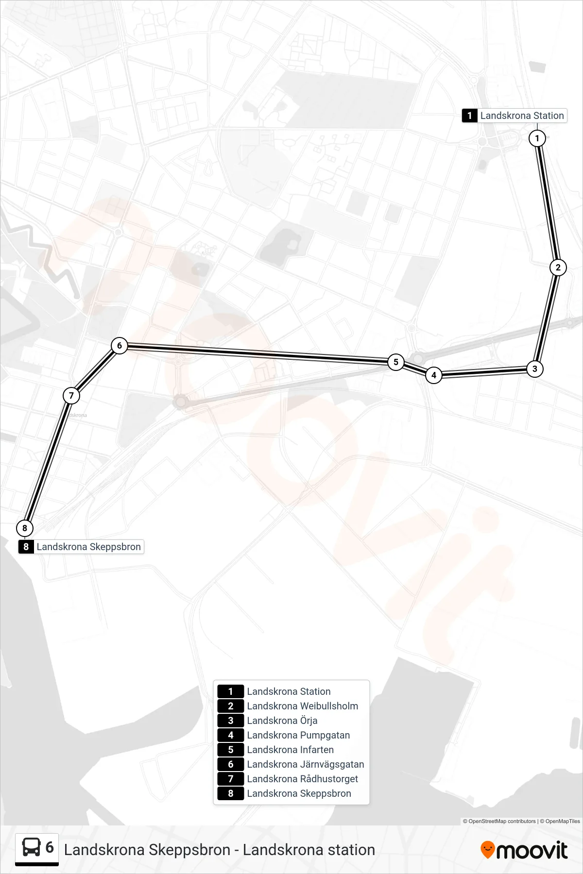 Rutt och hållplatser på karta för linje 6  spårvagn, (Landskrona Skeppsbron)