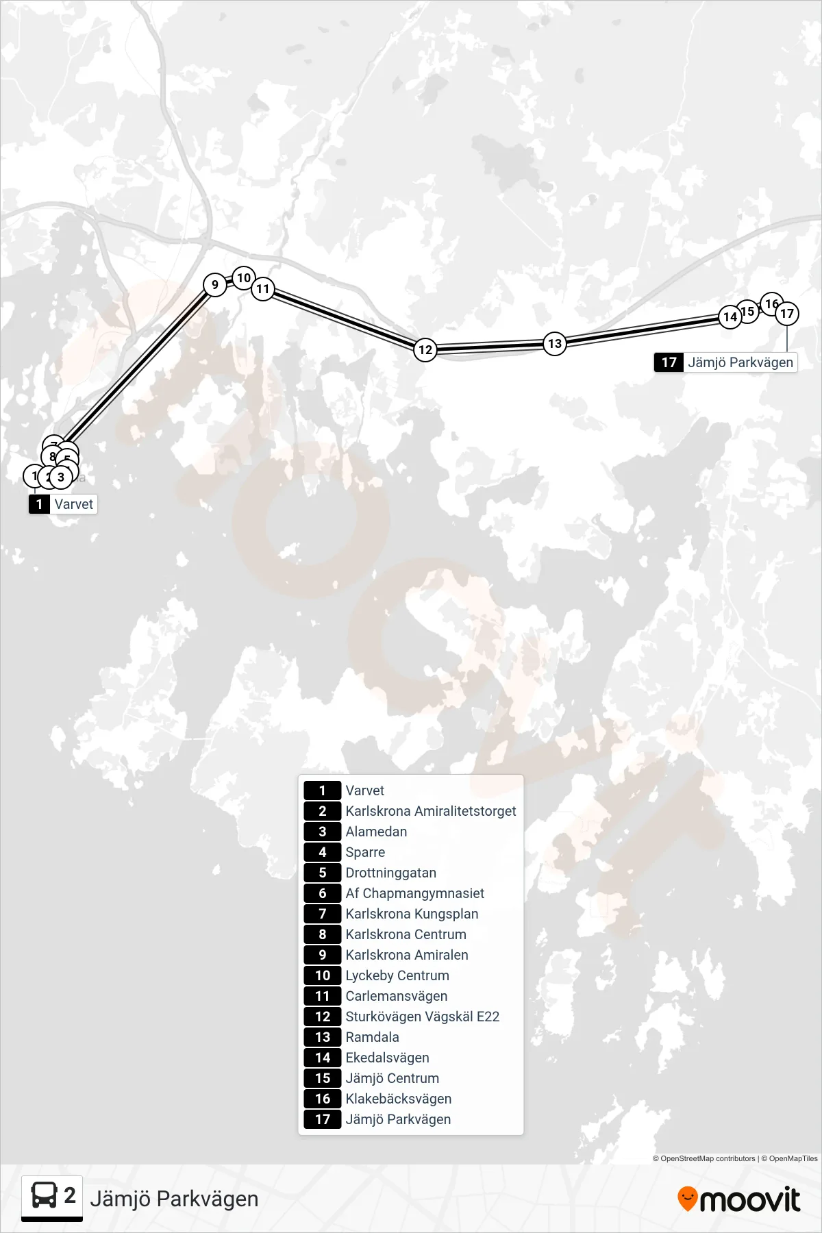 Rutt och hållplatser på karta för linje 2 buss, (Jämjö Parkvägen)