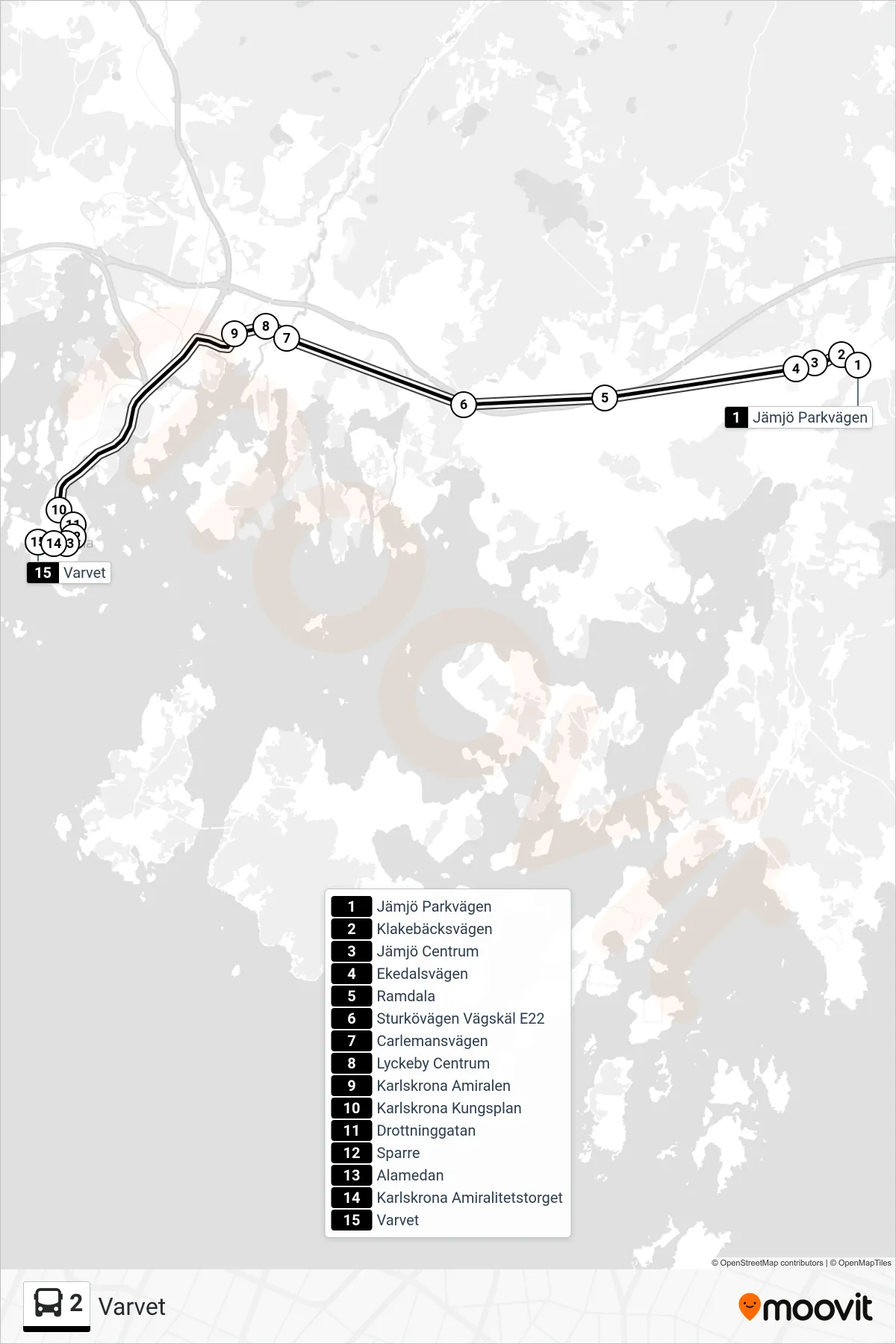 Rutt och hållplatser på karta för linje 2 buss, (Varvet)