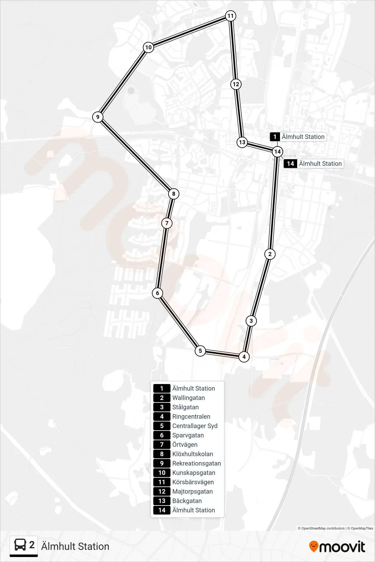 Rutt och hållplatser på karta för linje 2 spårvagn, (Älmhult Station)