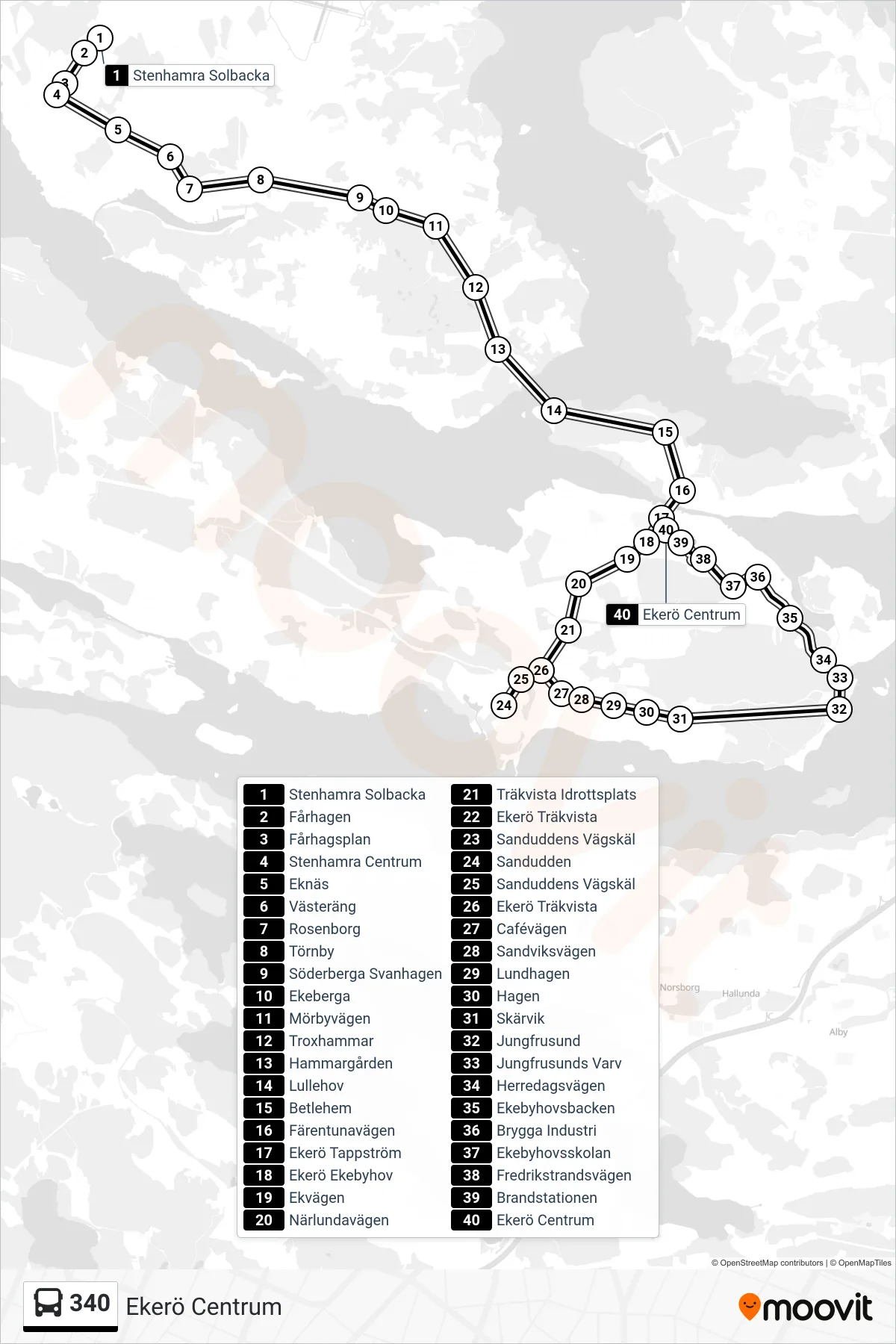 Rutt och hållplatser på karta för linje 340  buss, (Ekerö Centrum)