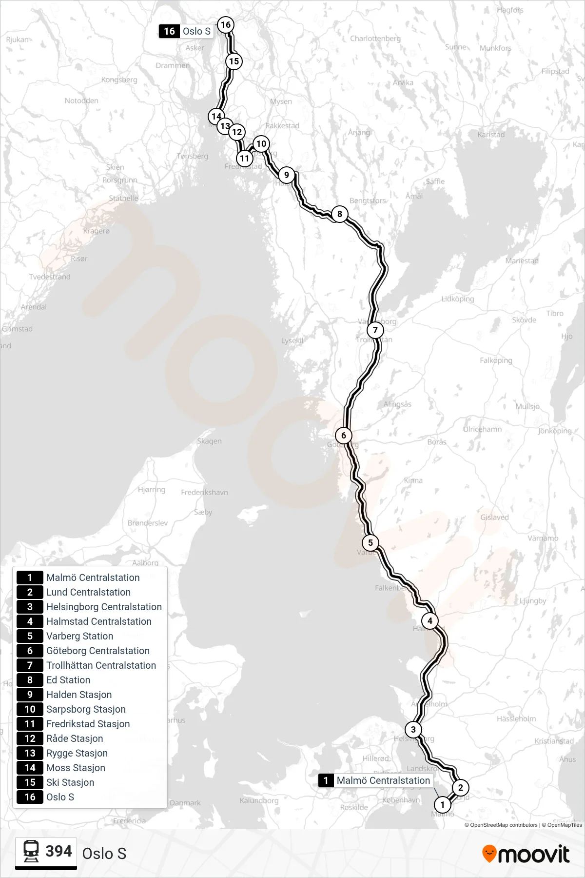 Rutt och hållplatser på karta för linje 394 spårvagn, (Oslo S)