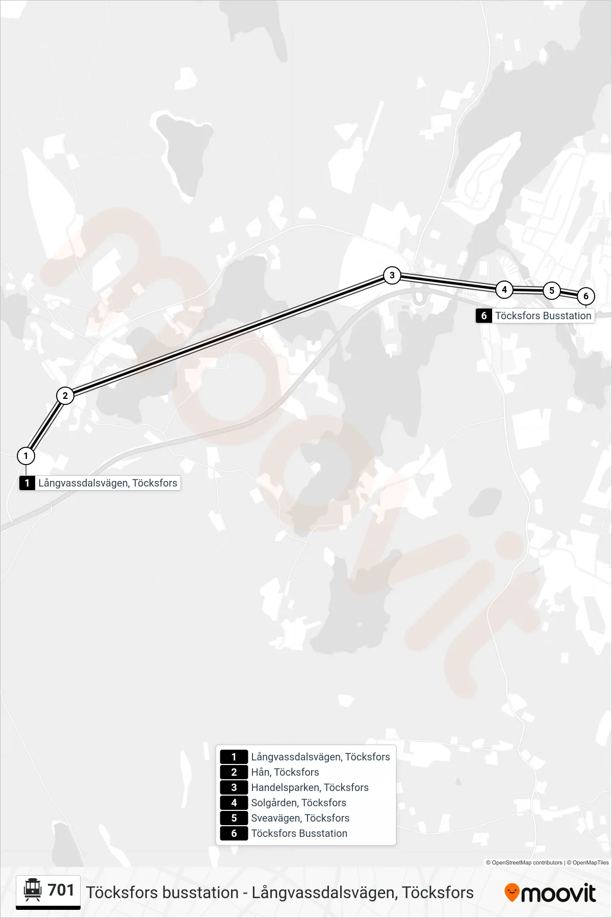 Rutt och hållplatser på karta för linje 701 spårvagn, (Töcksfors Busstation)