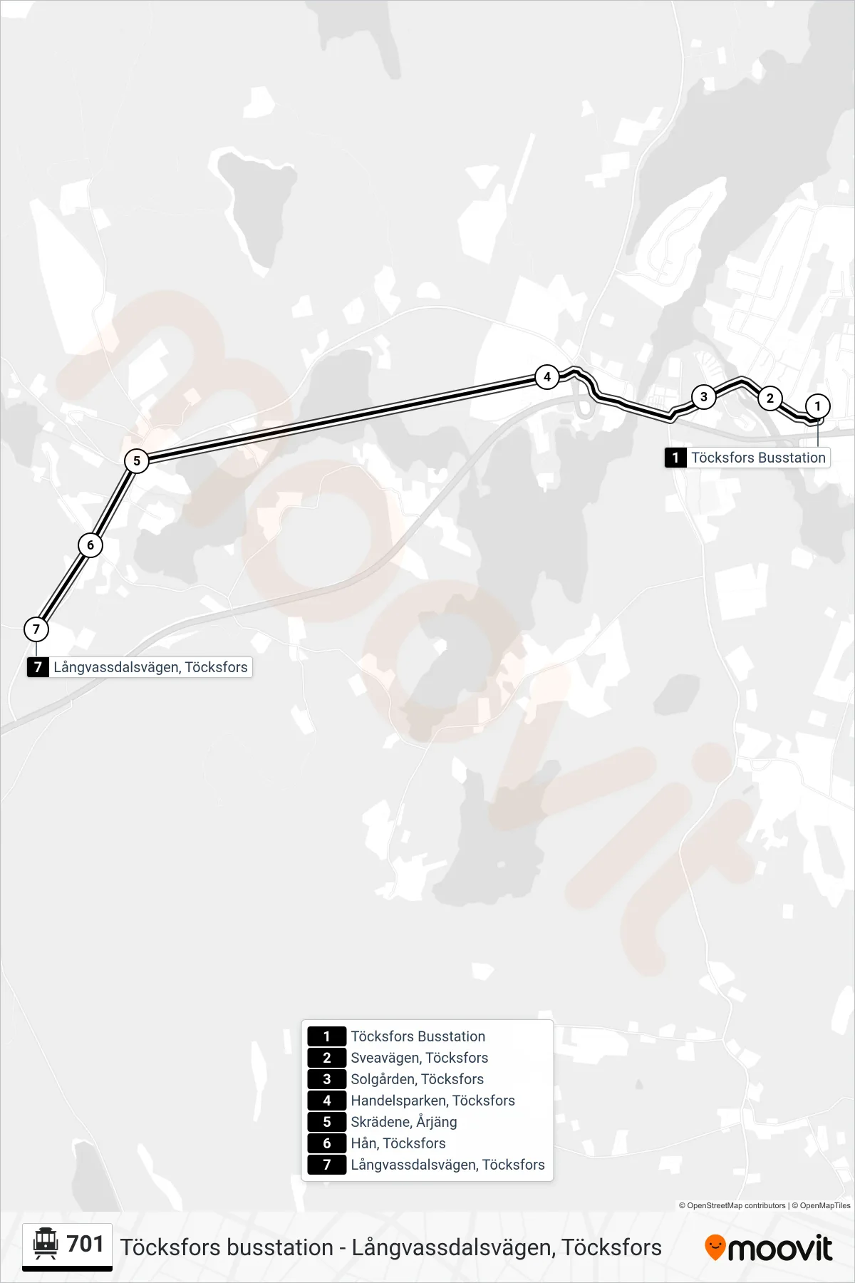 Rutt och hållplatser på karta för linje 701 spårvagn, (Långvassdalsvägen, Töcksfors)