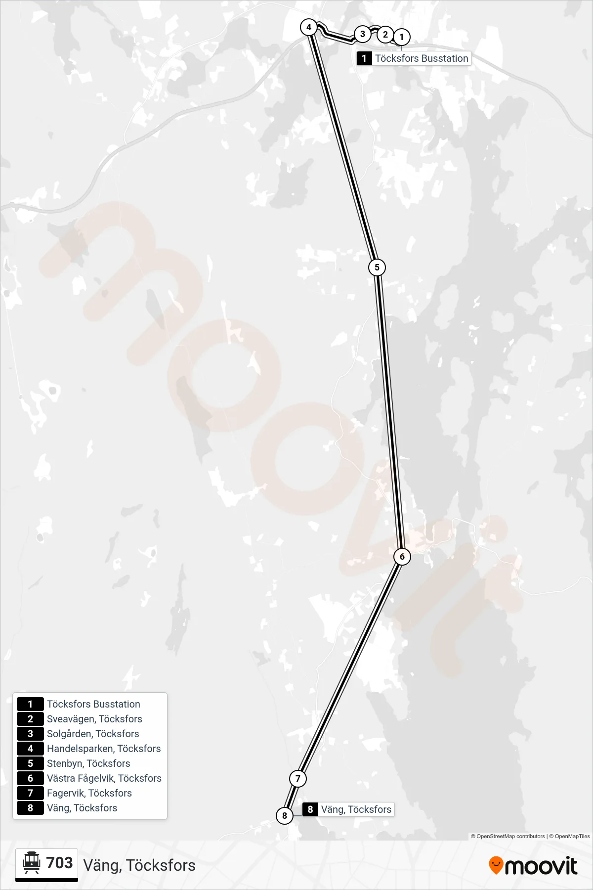 Rutt och hållplatser på karta för linje 703  spårvagn, (Väng, Töcksfors)