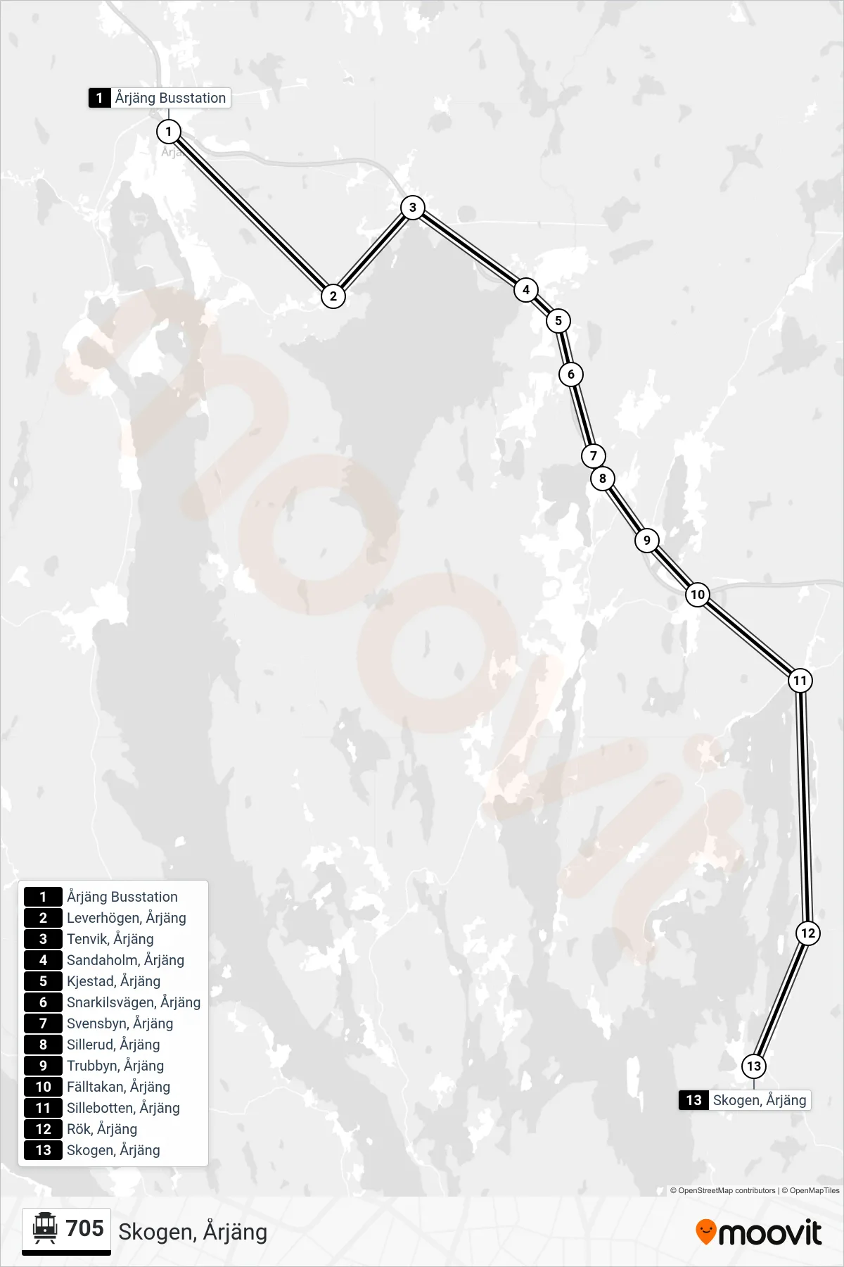 Rutt och hållplatser på karta för linje 705 spårvagn, (Skogen, Årjäng)