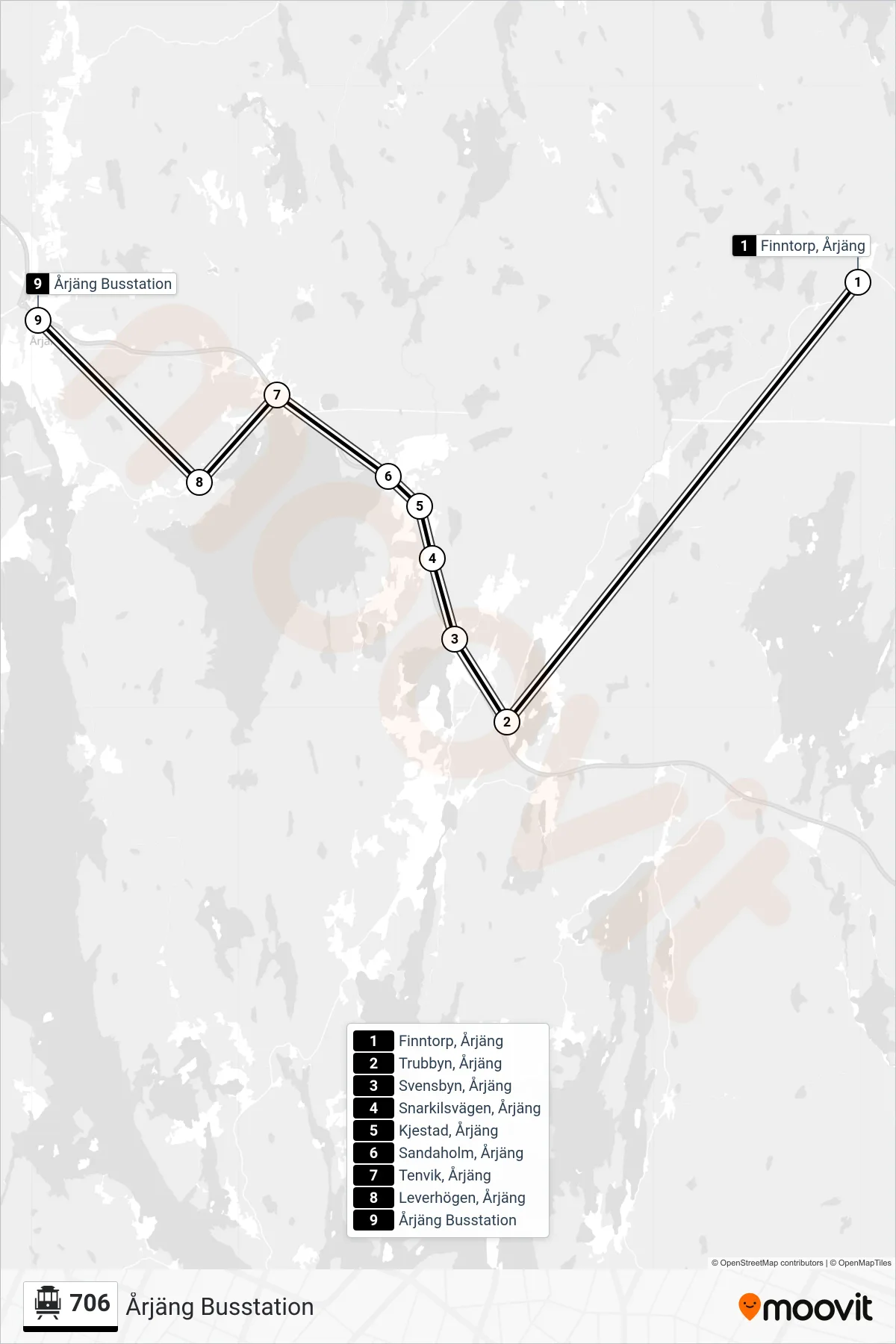 Rutt och hållplatser på karta för linje 706 spårvagn, (Årjäng Busstation)