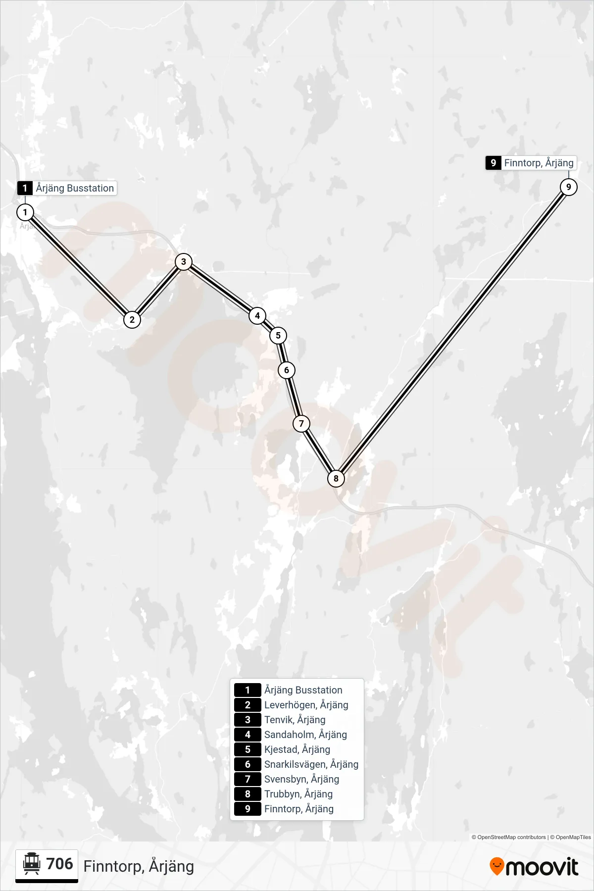 Rutt och hållplatser på karta för linje 706 spårvagn, (Finntorp, Årjäng)