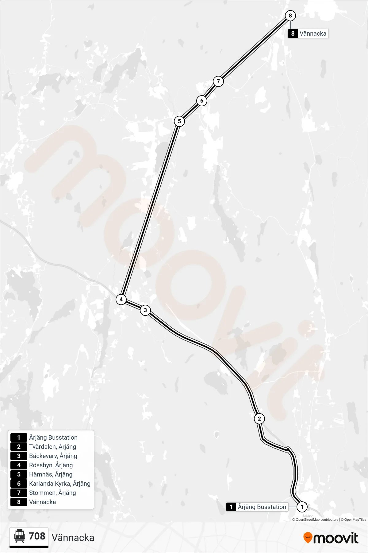 Rutt och hållplatser på karta för linje 708  spårvagn, (Vännacka)