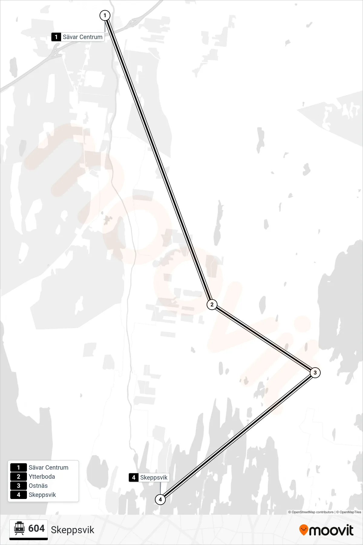 Rutt och hållplatser på karta för linje 604  spårvagn, (Skeppsvik)