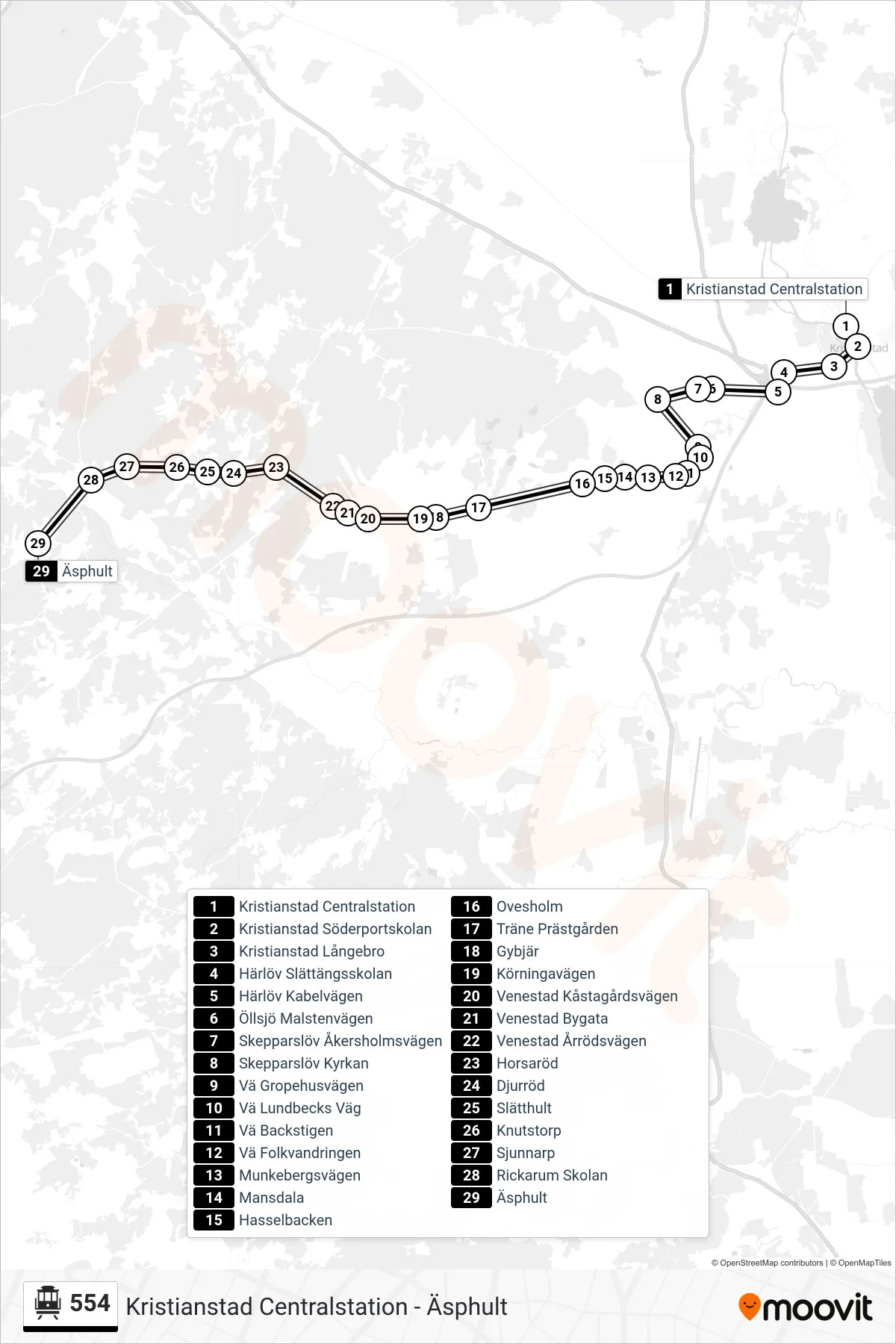 Rutt och hållplatser på karta för linje 554 spårvagn, (Äsphult)