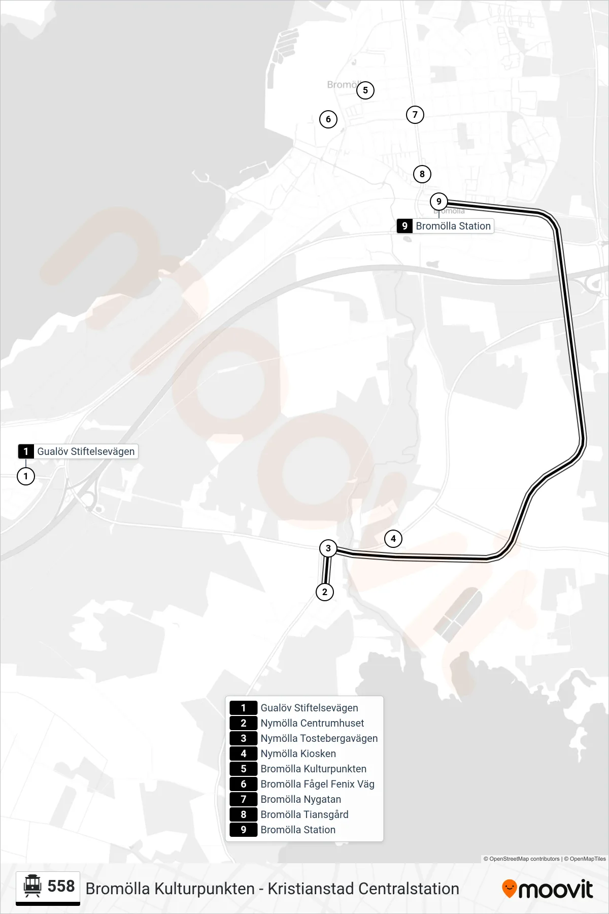 Rutt och hållplatser på karta för linje 558  spårvagn, (Bromölla Station)
