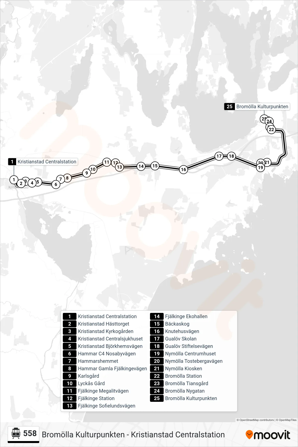 Rutt och hållplatser på karta för linje 558  spårvagn, (Bromölla Kulturpunkten)