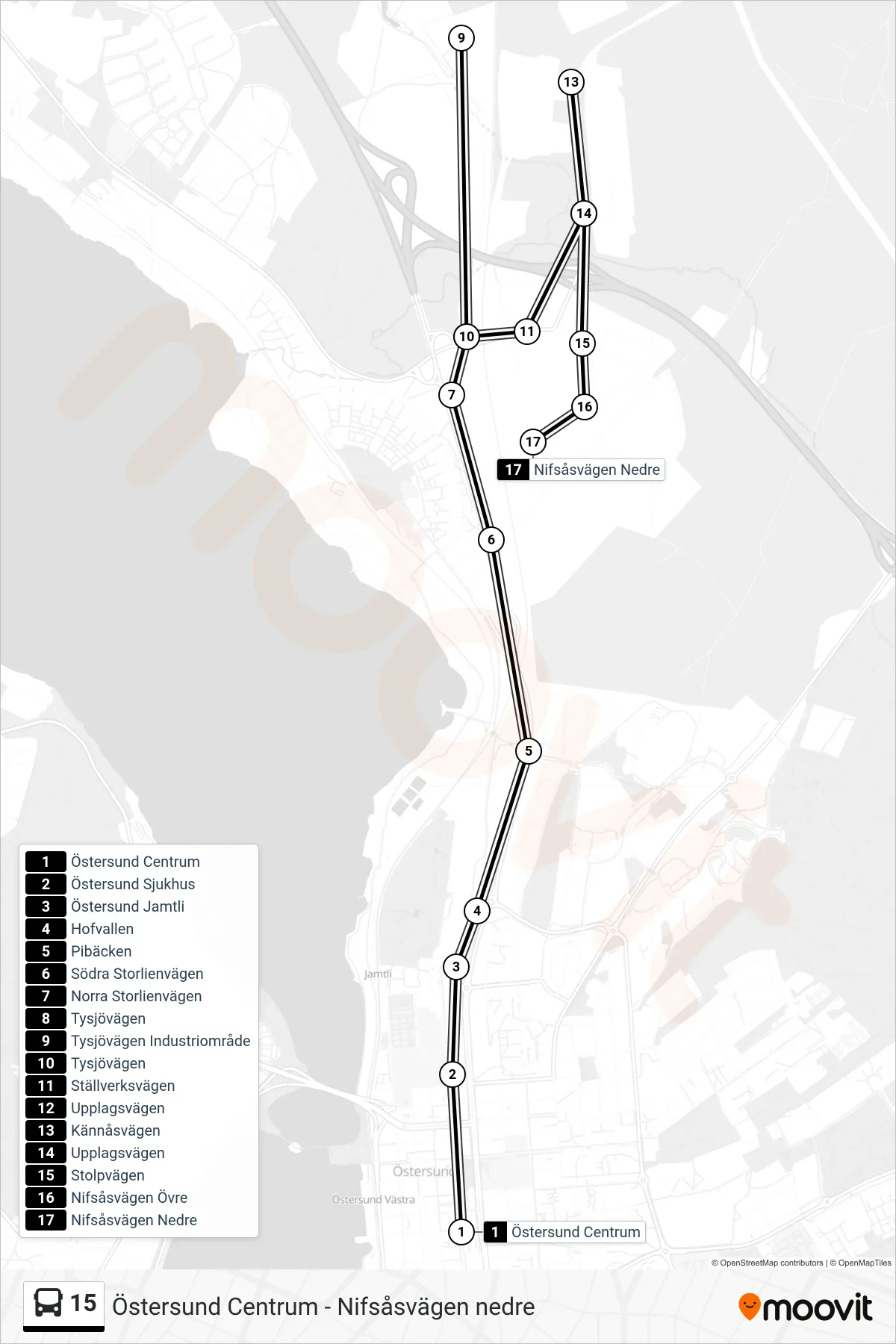 Rutt och hållplatser på karta för linje 15  spårvagn, (Nifsåsvägen Nedre)