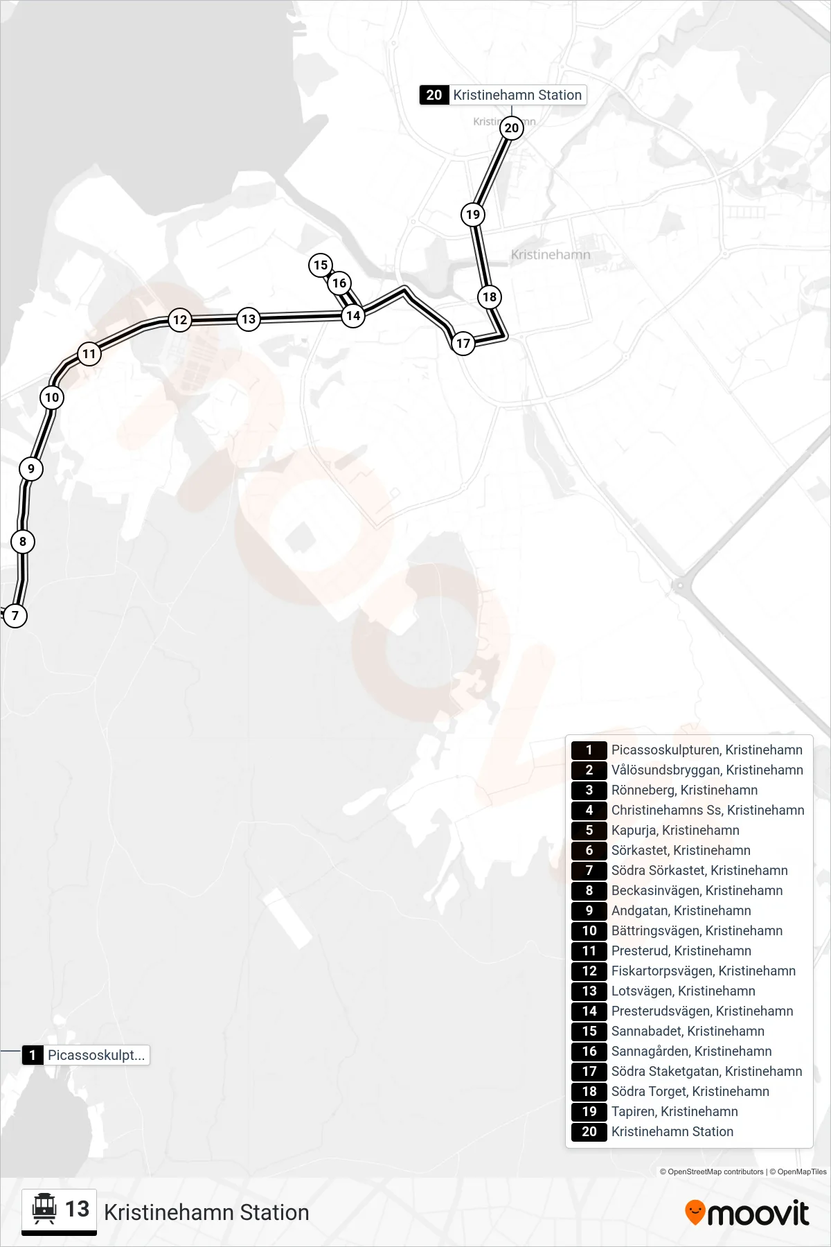 Rutt och hållplatser på karta för linje 13  spårvagn, (Kristinehamn Station)