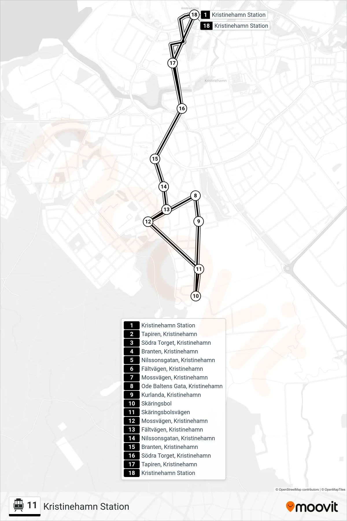 Rutt och hållplatser på karta för linje 11 spårvagn, (Kristinehamn Station)