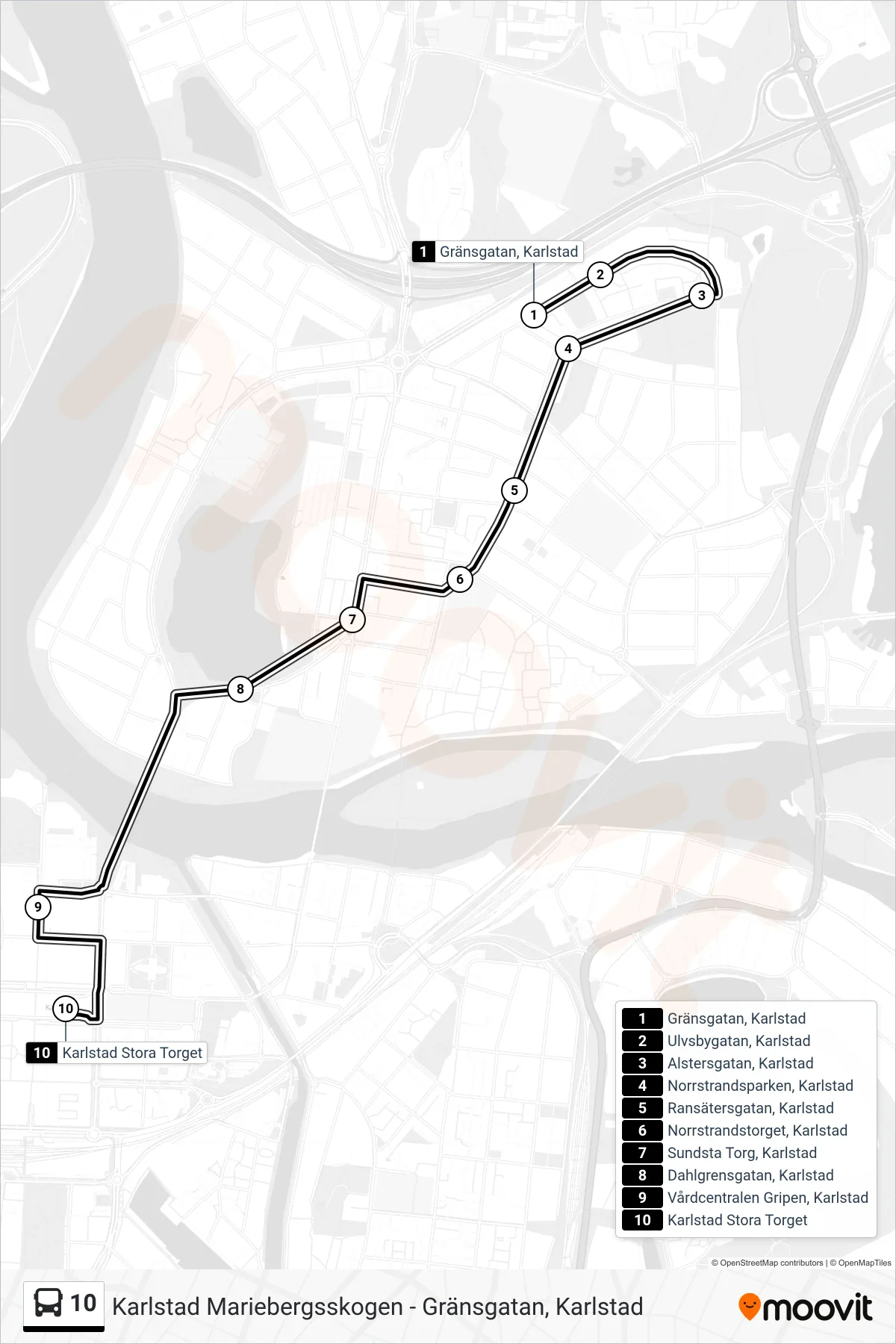 Rutt och hållplatser på karta för linje 10  spårvagn, (Karlstad Stora Torget)