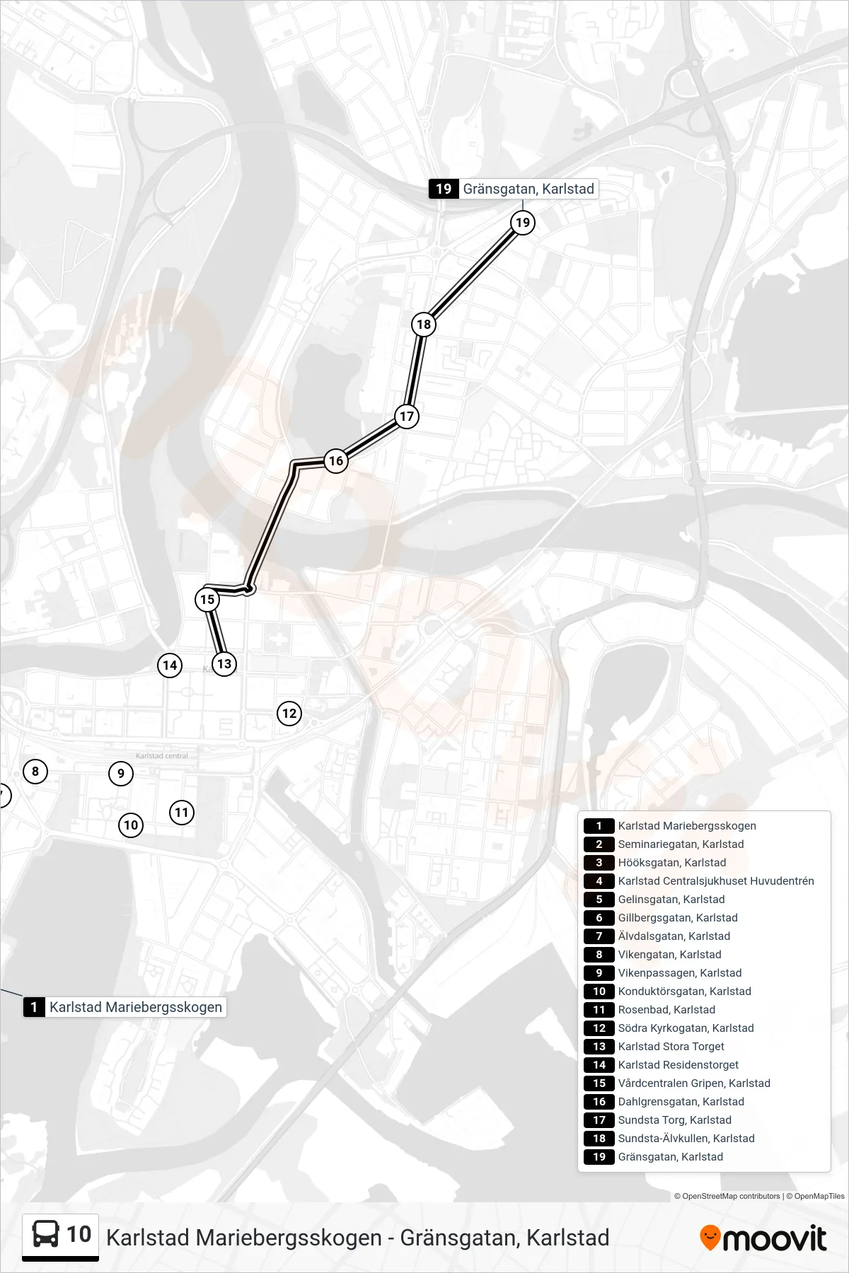 Rutt och hållplatser på karta för linje 10 spårvagn, (Gränsgatan, Karlstad)