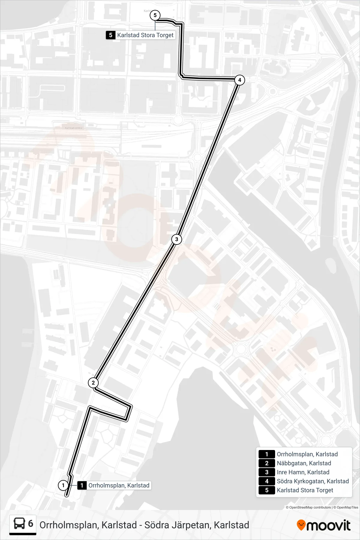 Rutt och hållplatser på karta för linje 6  spårvagn, (Karlstad Stora Torget)