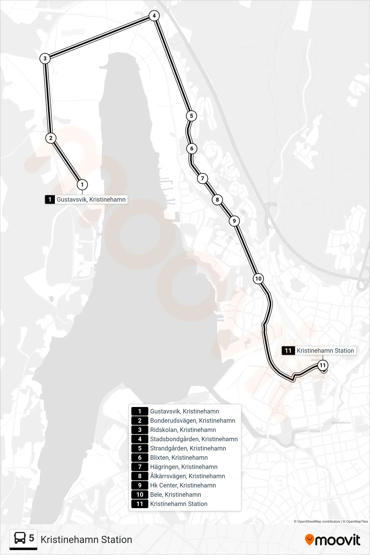 Rutt och hållplatser på karta för linje 5 spårvagn, (Kristinehamn Station)