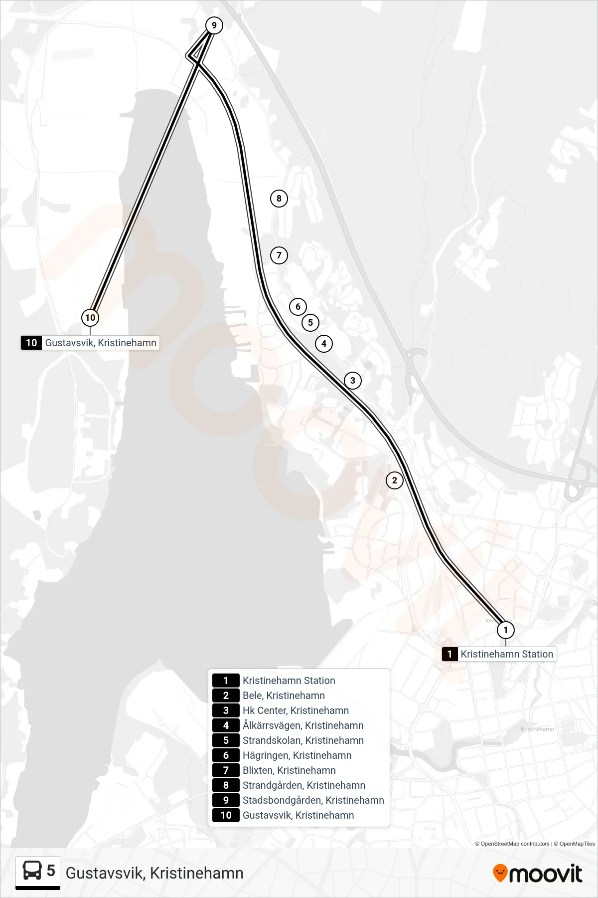 Rutt och hållplatser på karta för linje 5 spårvagn, (Gustavsvik, Kristinehamn)