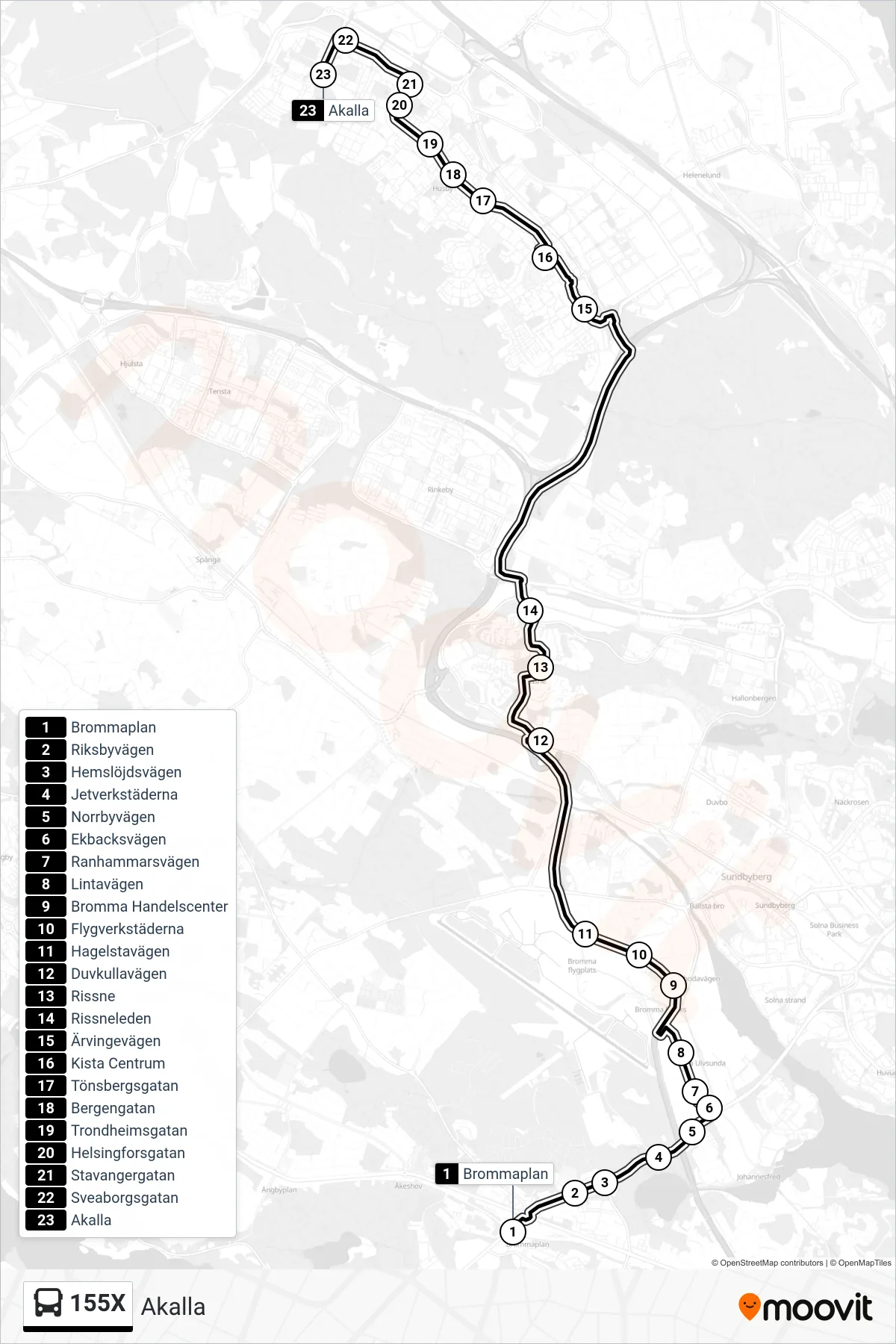 Rutt och hållplatser på karta för linje 155X  buss, (Akalla)