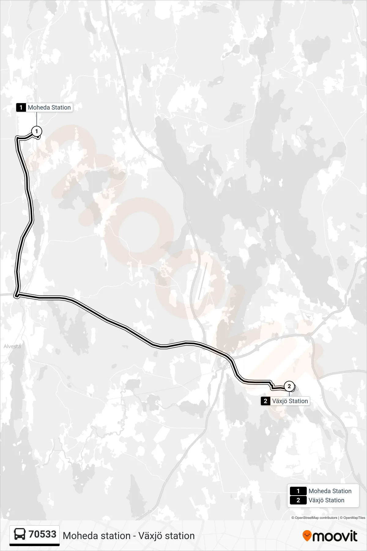 Rutt och hållplatser på karta för linje 70533  buss, (Växjö Station)