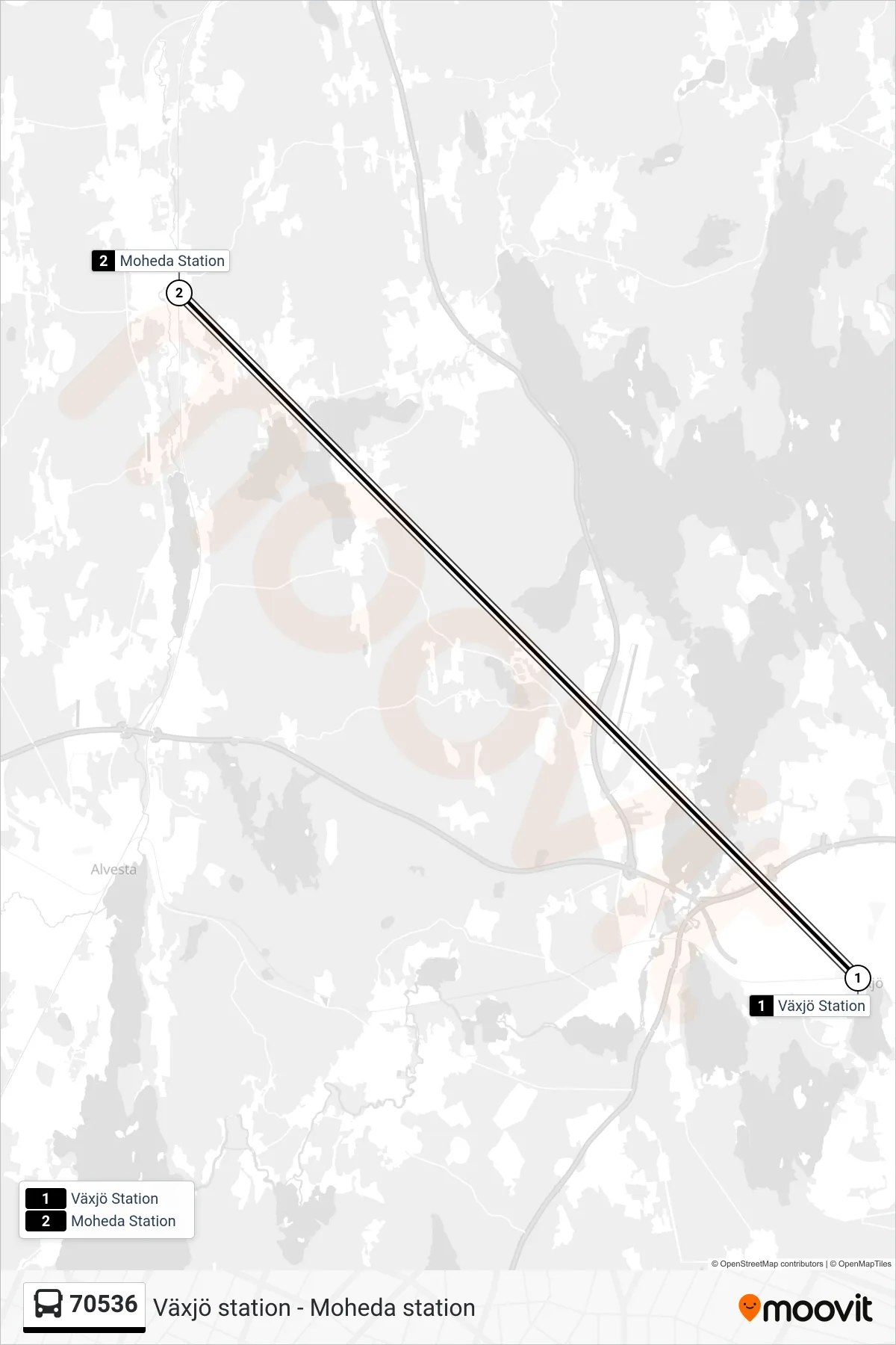 Rutt och hållplatser på karta för linje 70536 buss, (Moheda Station)