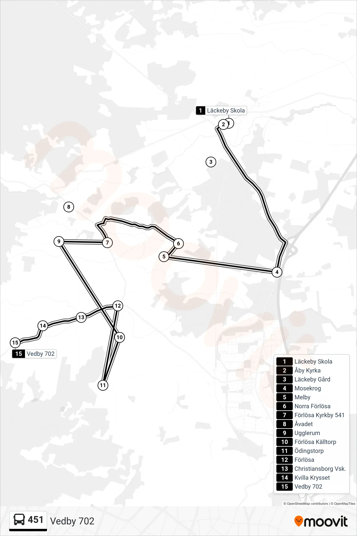 Rutt och hållplatser på karta för linje 451 spårvagn, (Vedby 702)
