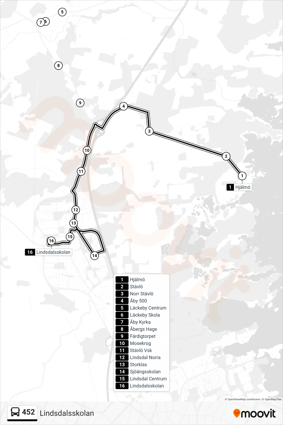 Rutt och hållplatser på karta för linje 452 spårvagn, (Lindsdalsskolan)