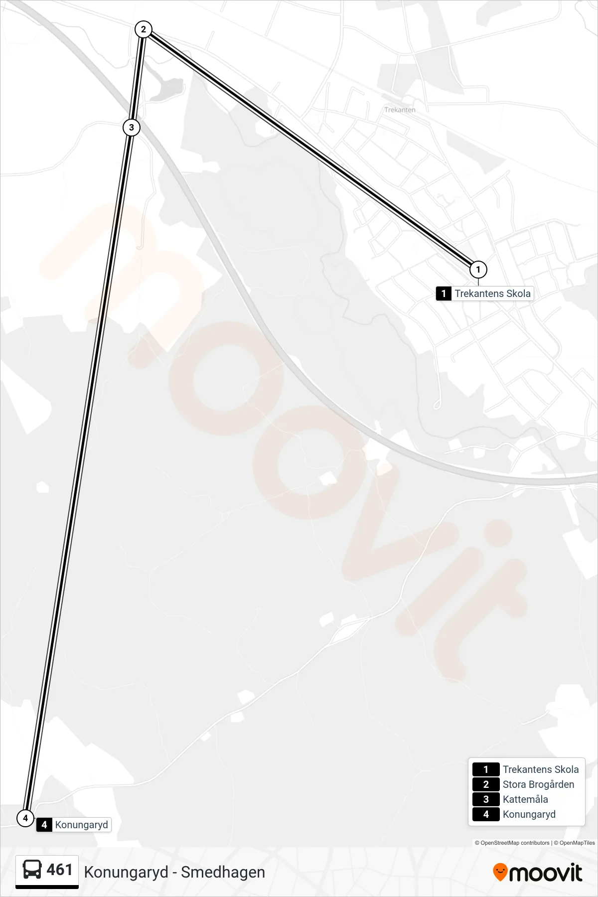 Rutt och hållplatser på karta för linje 461 spårvagn, (Konungaryd)